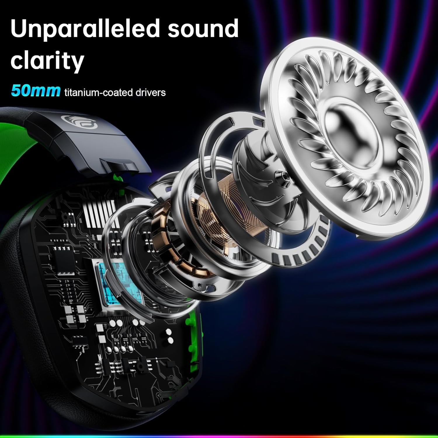 Fachixy FC300 Wireless Gaming Headset with Mic - Bluetooth and 2.4GHz USB Gaming Headphones with 50Hr Battery & 3D Stereo Sound for PS5, PS4, PC, Mac, Mobile - Black Green - Image 2