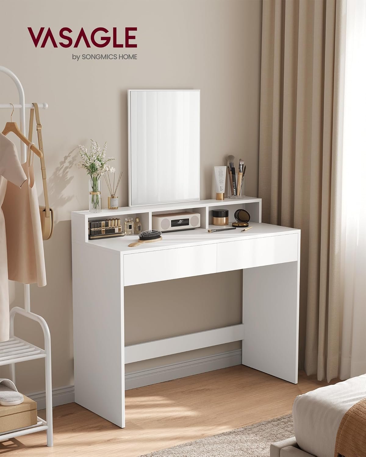 VASAGLE Modern White Makeup Vanity, Dressing Table with Large Mirror, 2 Drawers & 3 Compartments, 40 x 100 x 140 cm - Image 2