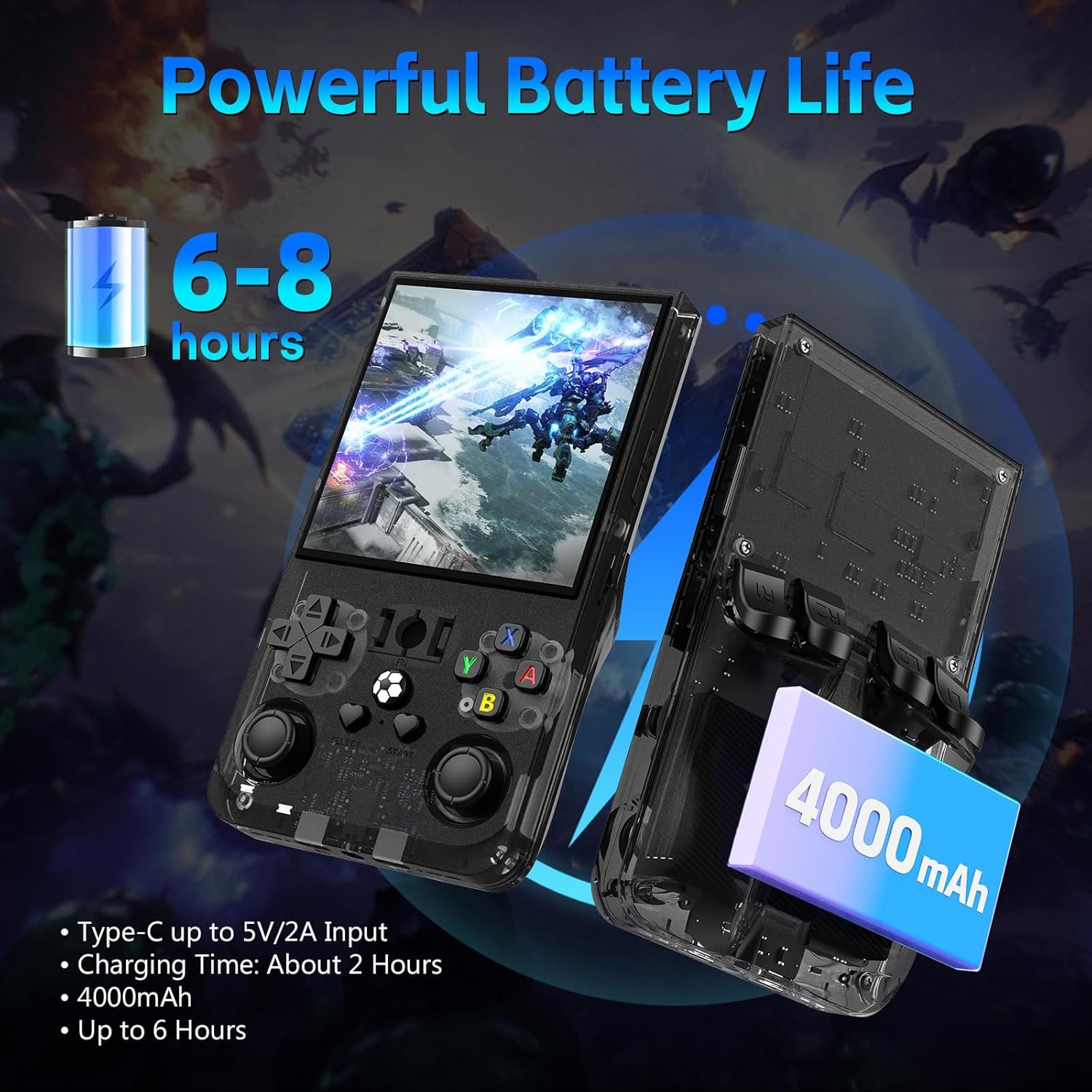 R36MAX Retro Games Console, 128GB Handheld Games Consoles with 22000+ Classic Games, 4 Inch IPS 720×720 Screen All in One Portable Gaming Console, Linux System 4000mAh Battery for Adults, Black - Image 3