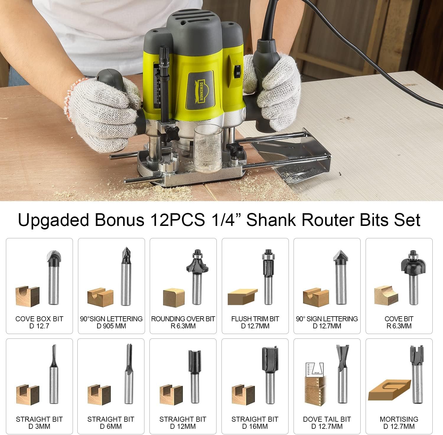 Wood Trimmer, DEWINNER Router Tool Electric Woodworking Power Router Trimmer,Variable Speed Hand Joiner Tool Plunge Router, Trimmer Laminator with 12PC 6mm 8mm Bits Collets - Image 3