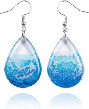 Silver Ocean Wave Drop Resin Earrin...