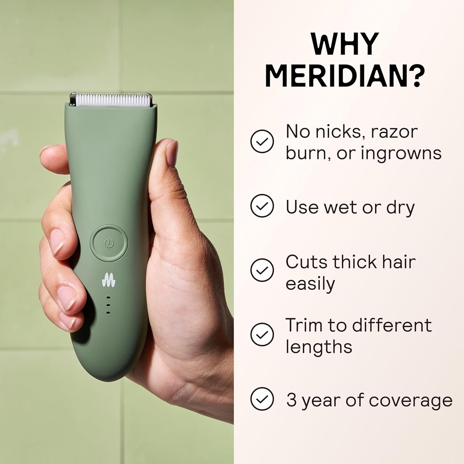 Meridian The Trimmer Original, Body Hair Trimmer for Men, Electric Shaver for Pubic Hair, Chest, Legs & Bikini, Waterproof & Rechargeable, Sage - Image 8