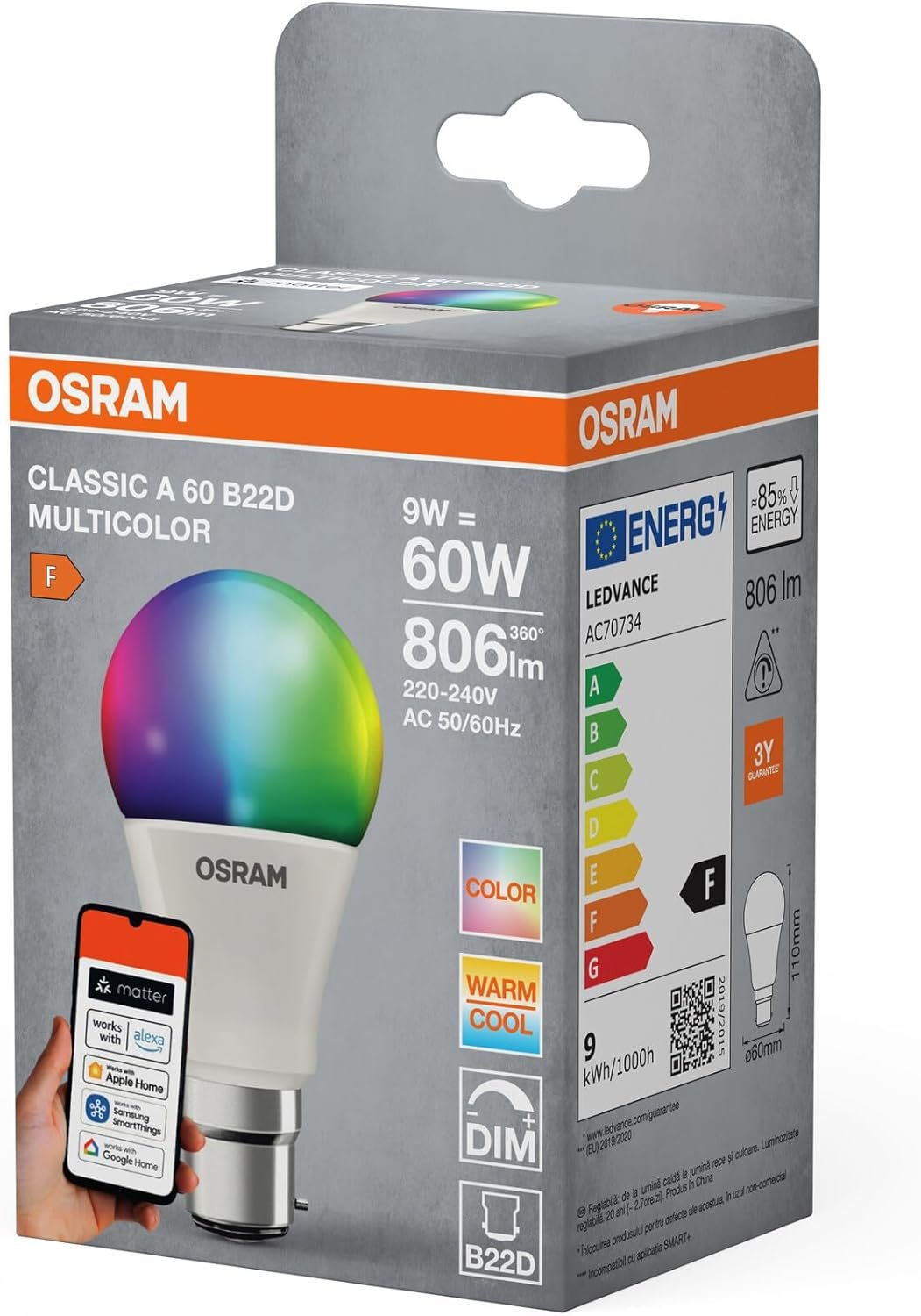 OSRAM SMART+ RGBW, B22d LED Lamp with Matte Over WiFi, Specially Developed for Alexa, Easy Setup by Click, 60 W Replacement, Warm White to Cool White (2700-6500 K), 16 Million RGB Colours, Pack of 1 - Image 7