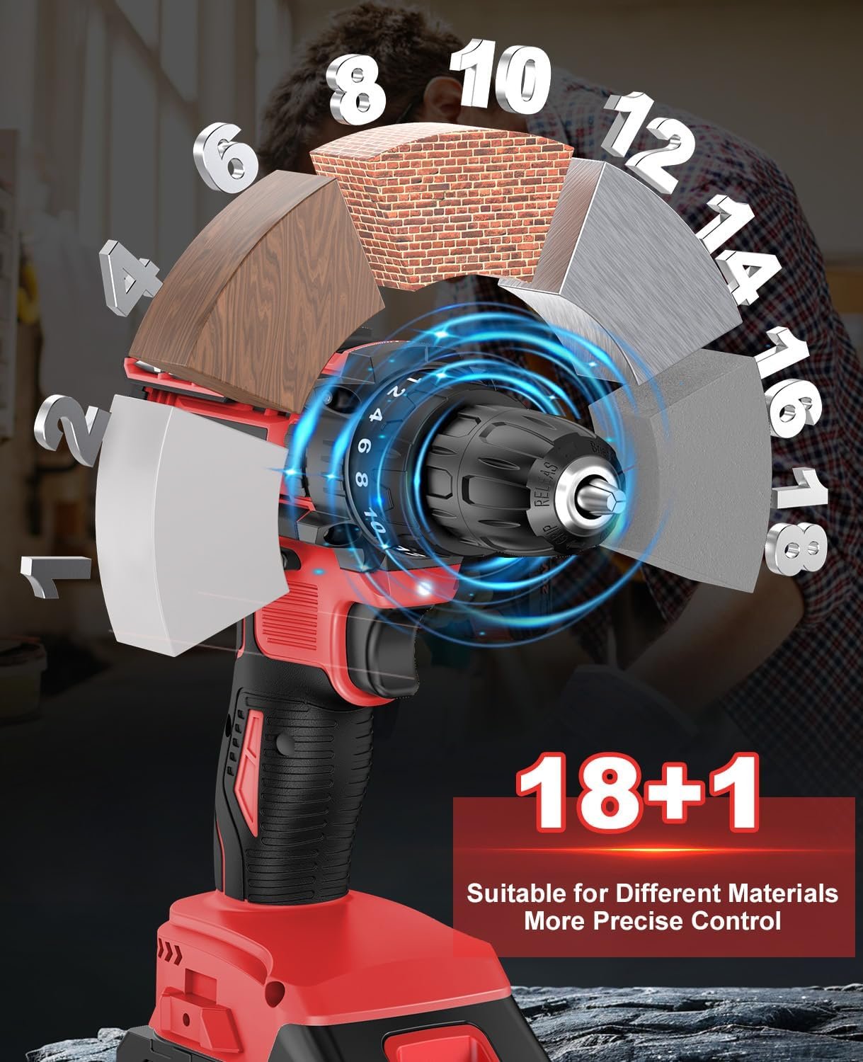 Cordless Drill, Power Drill 21V, Electric Drill Set 42N.m with 2 Batteries 2.0Ah, 10mm Chuck, 2 Speeds, 18+1 Torque, LED Light, 14pcs Drill Set for Garden DIY Project, Red - Image 3