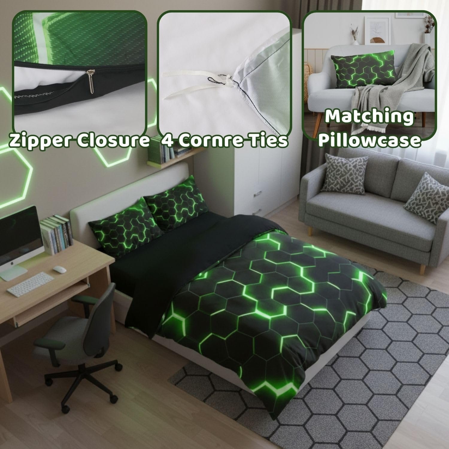 Homewish Geometric Duvet Cover Single Size,Teen Boys Green Black Neon Light Honeycomb Bedding Sets, Hexagon Comforter Modern Fashion Bedspread 1 Pillow Case Home Room Decor - Image 5
