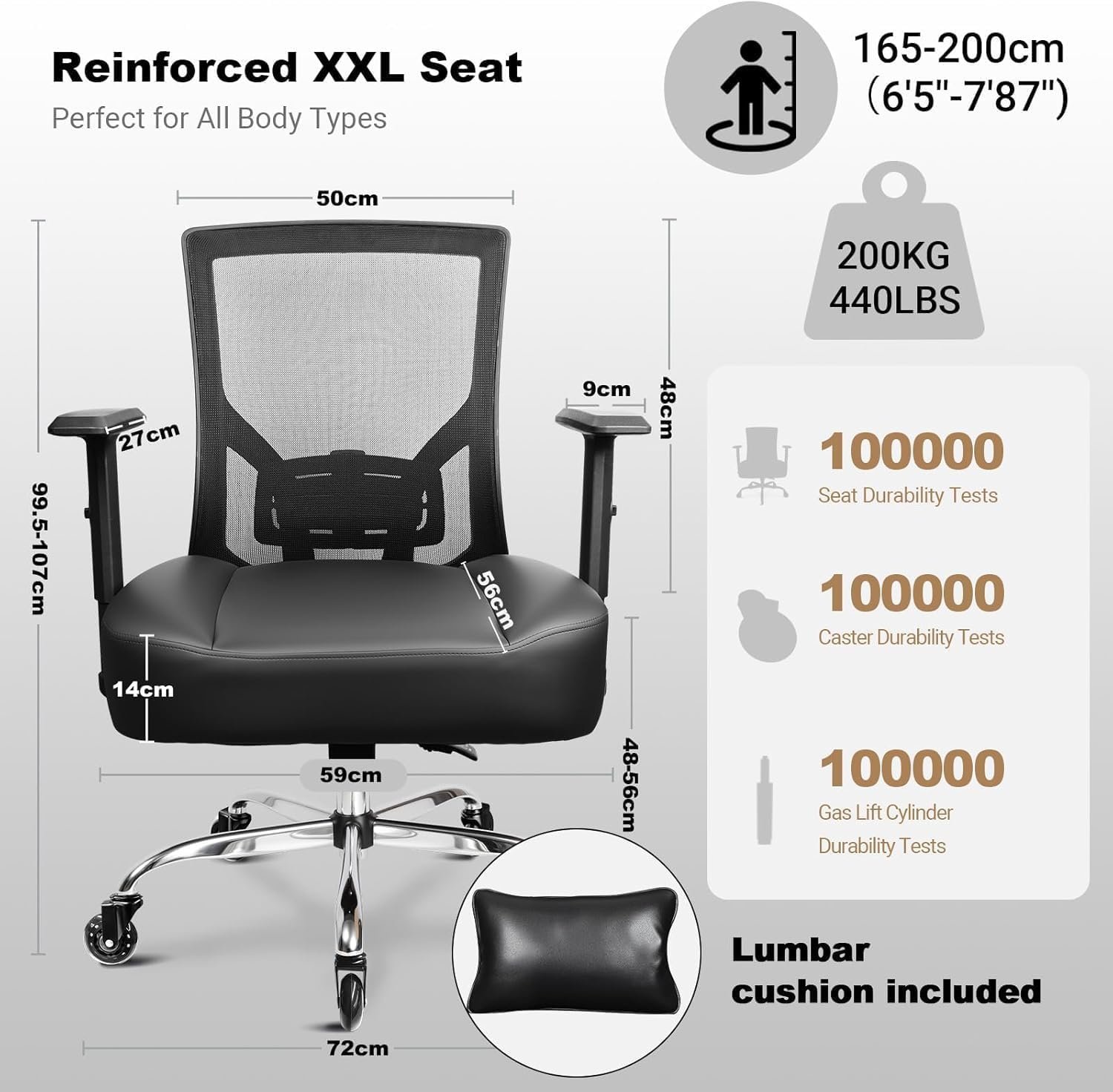 440LBS/200KG Heavy Duty Office Chair, Extra Wide and Thick Spring Cushion Ergonomic Chair, Adjustable Lumbar Support & Pillow, PU Leather Big & Tall XXL for Heavy People and Sit Cross-Legged - Image 3