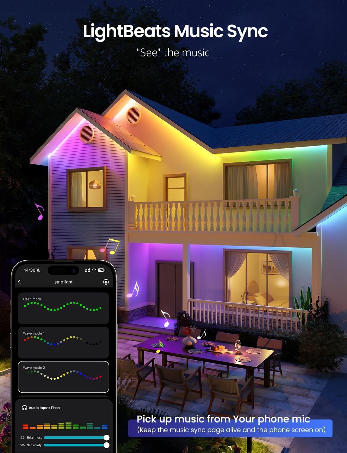 Lepro SW1 AI Smart Outdoor LED Strip, RGBWIC 5M Outdoor Lights IP65 Waterproof, Work with Alexa, Google Assistant, Tunable White, 1750lm Dimmable, Music Sync, for Garden, Eave, Garage and More - Image 7