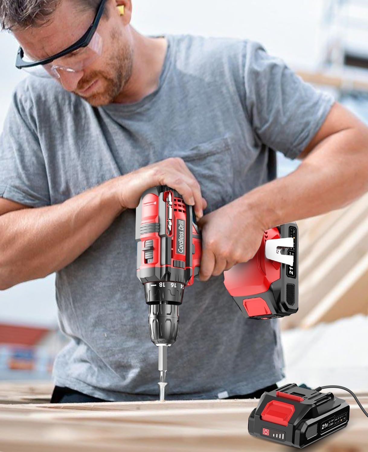 Cordless Drill, Power Drill 21V, Electric Drill Set 42N.m with 2 Batteries 2.0Ah, 10mm Chuck, 2 Speeds, 18+1 Torque, LED Light, 14pcs Drill Set for Garden DIY Project, Red - Image 8