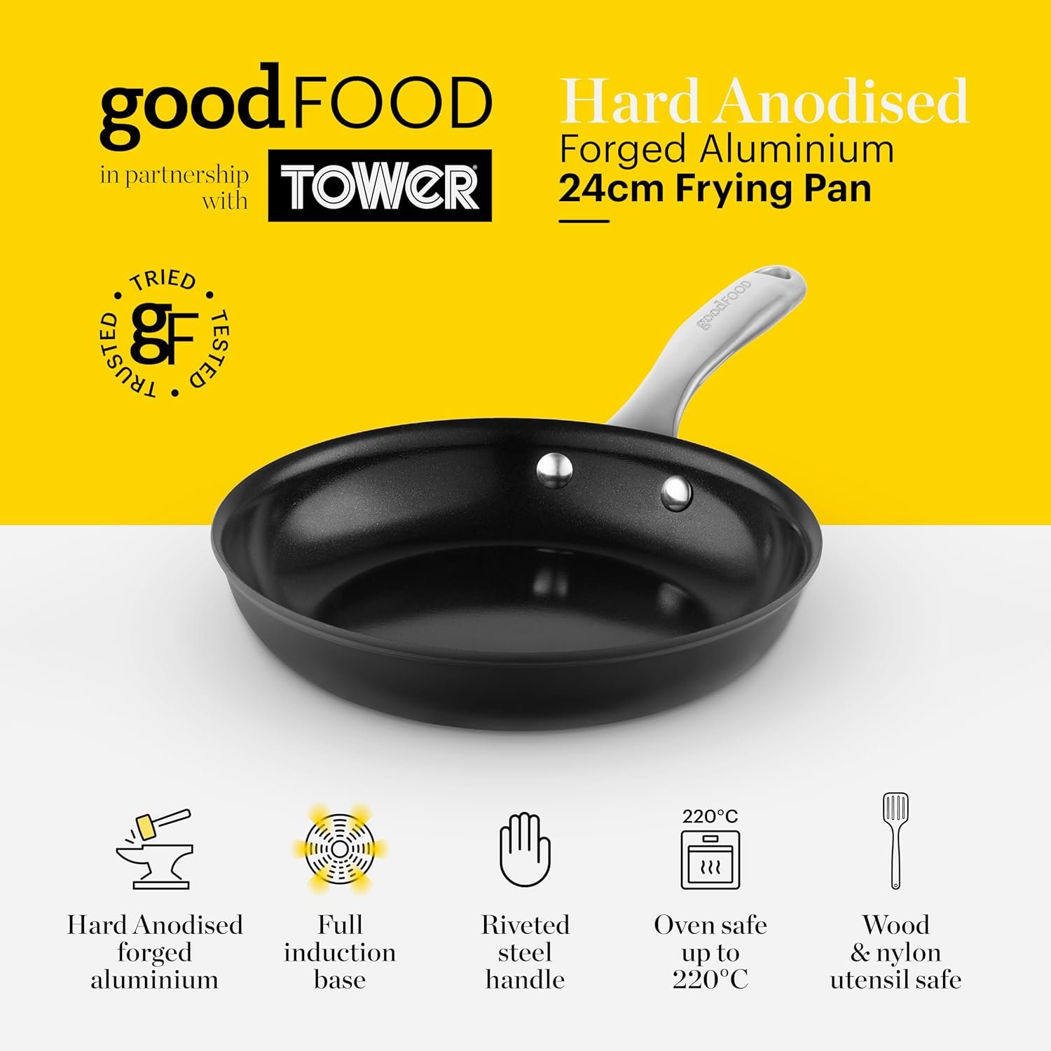 Good Food in Partnership with Tower Hard Anodised 24cm Frying Pan, 10x Stronger Superior Ceramic Non-Stick Coating, Induction Compatible, Grey - Image 2