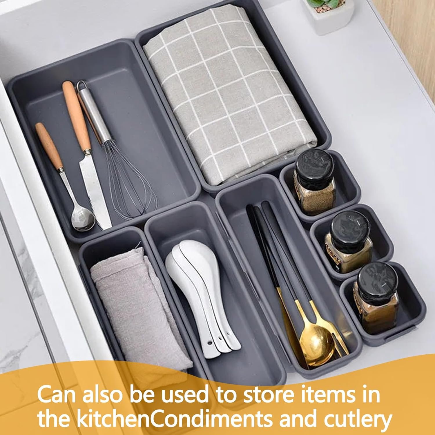 8Pcs Drawer Organiser - Interlocking Drawer Dividers Plastic Storage Trays, 3 Sizes Uncluttered Storage Drawer Tidy Trays Dividers for Kitchen Office Desk Make-Up Stationery Bathroom Jewellery (Grey) - Image 6