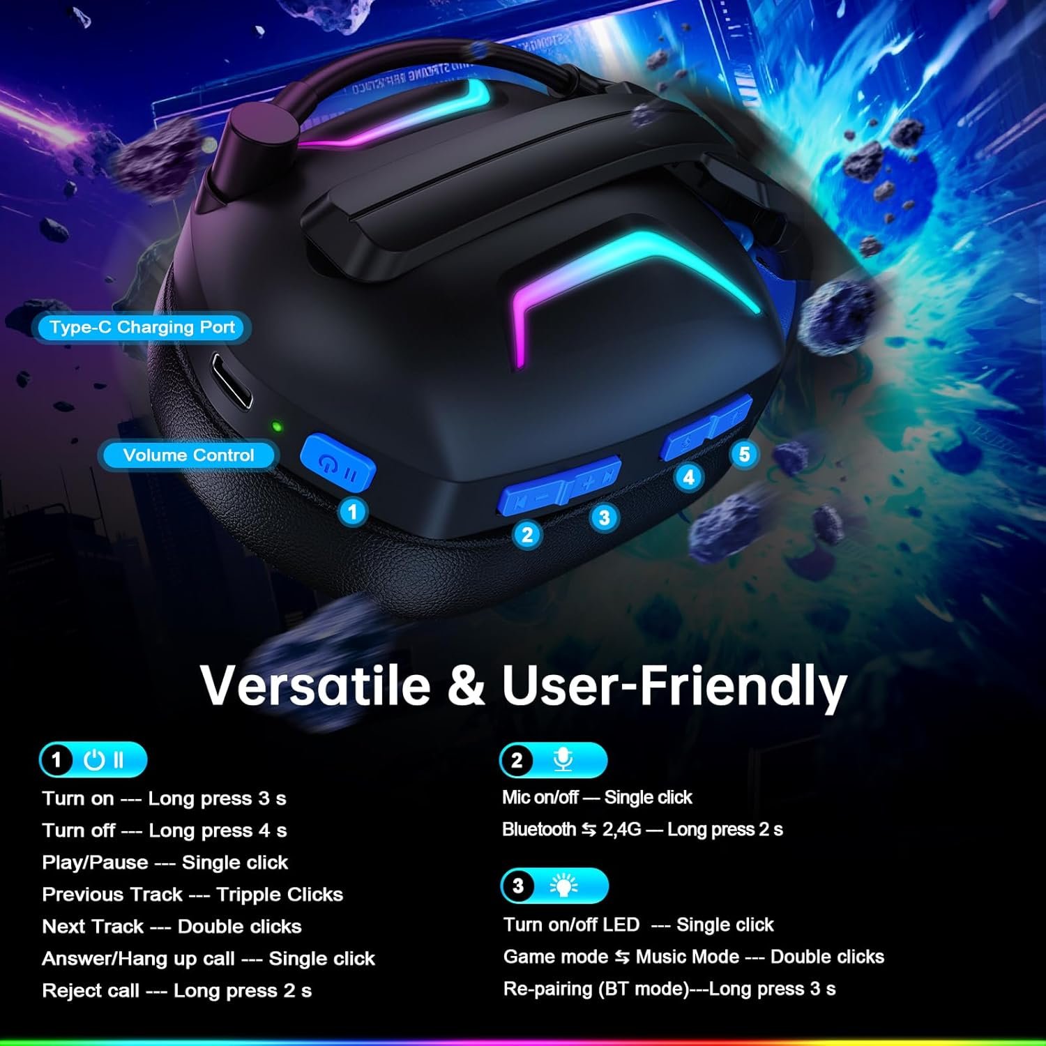 Fachixy FC300 Wireless Gaming Headset with Mic - Bluetooth and 2.4GHz USB Gaming Headphones with 50Hr Battery & 3D Stereo Sound - For PS5, PS4,PC, Switch, Mobile, Blue - Image 7