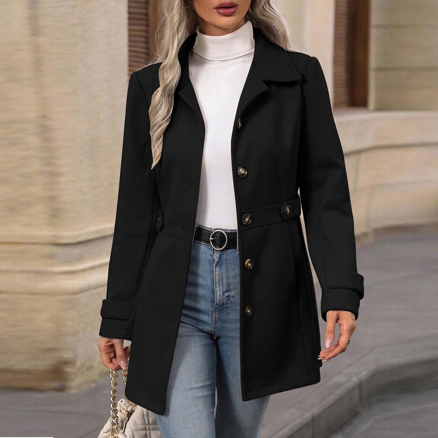 Winter Jackets for Women Coats Slim Fit Ladies Coat with Belt Button Womens Jacket Elegant Outerwear for Office Work and Everyday Wear - Image 3