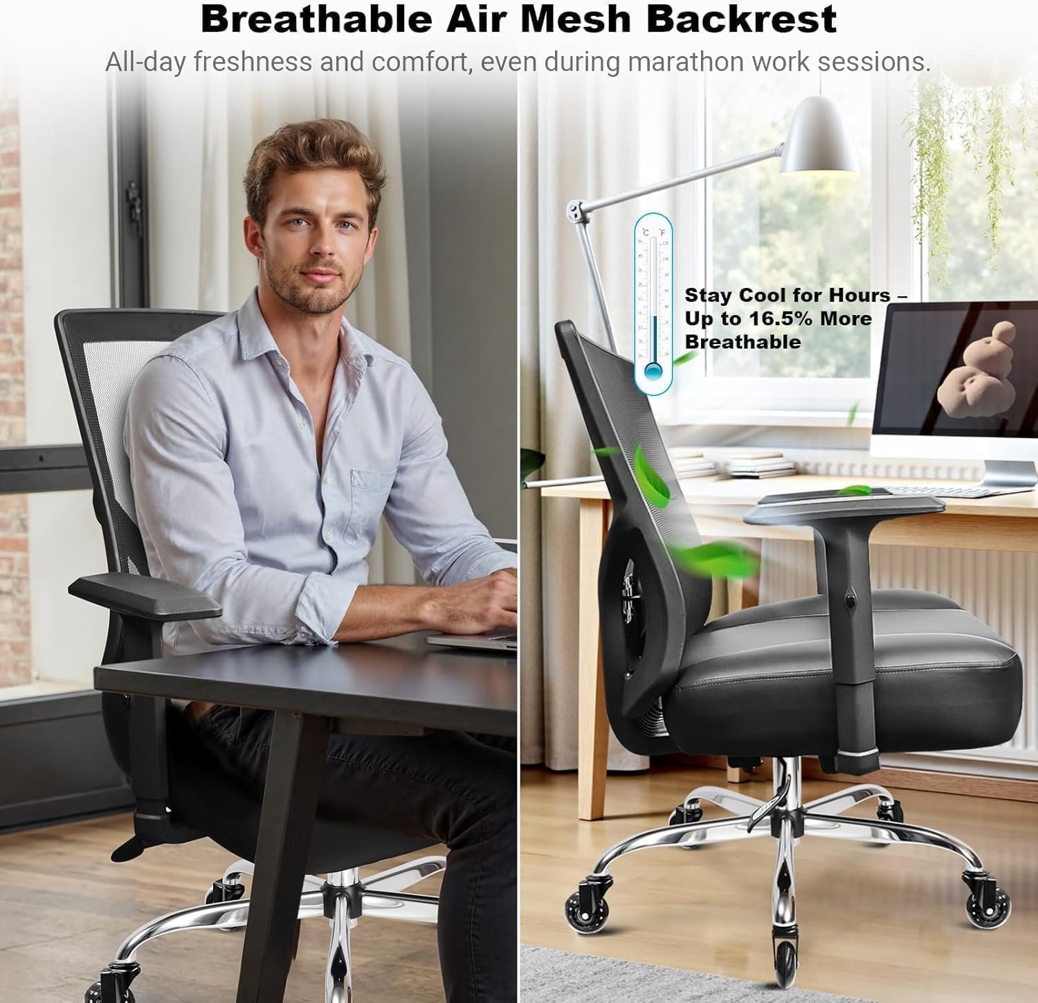 440LBS/200KG Heavy Duty Office Chair, Extra Wide and Thick Spring Cushion Ergonomic Chair, Adjustable Lumbar Support & Pillow, PU Leather Big & Tall XXL for Heavy People and Sit Cross-Legged - Image 6
