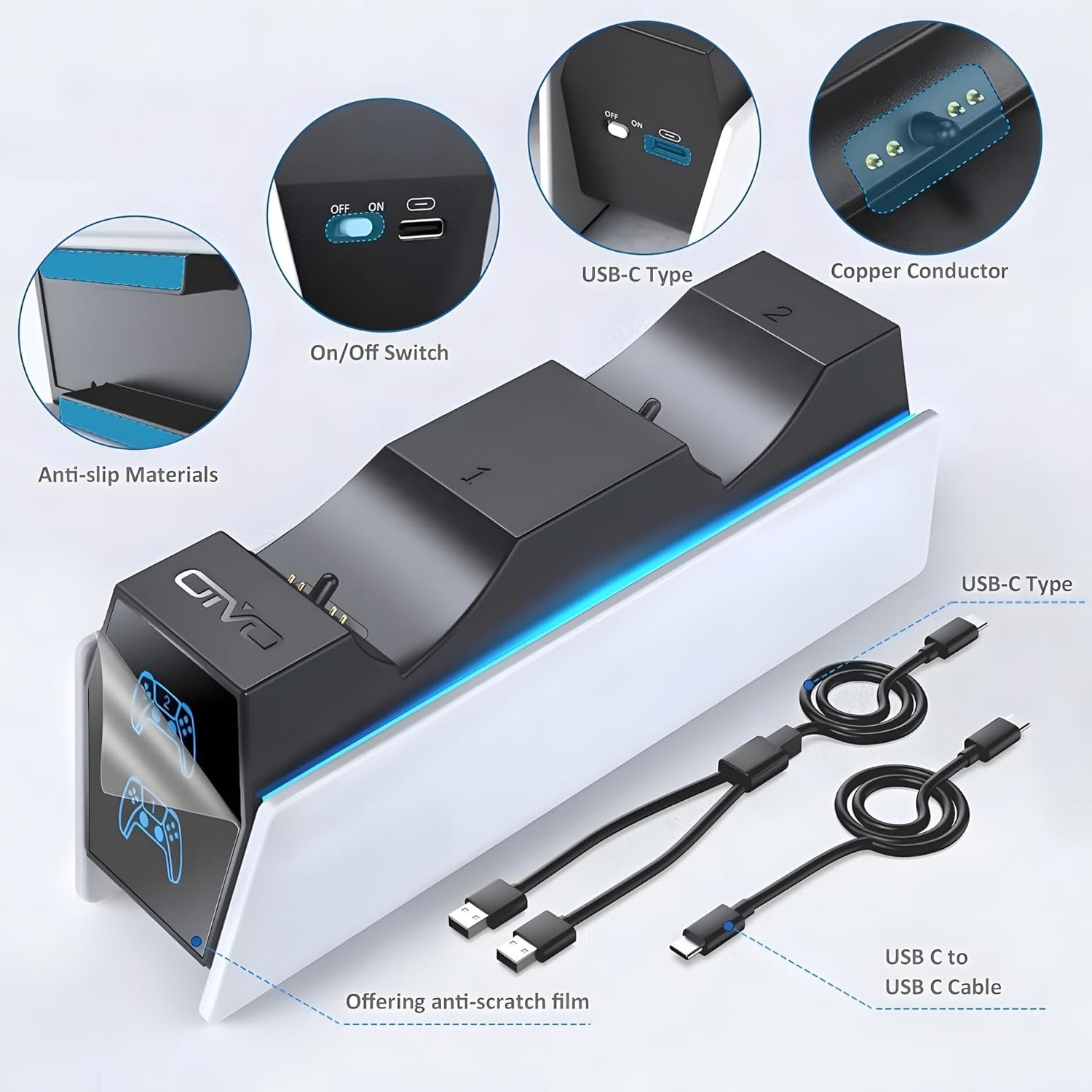 OIVO PS5 Charging Station - 2H Fast Controller Charger for PlayStation 5 DualSense, Upgrade Charging Dock With 2 Types of Cable for Dual Controllers - Image 5