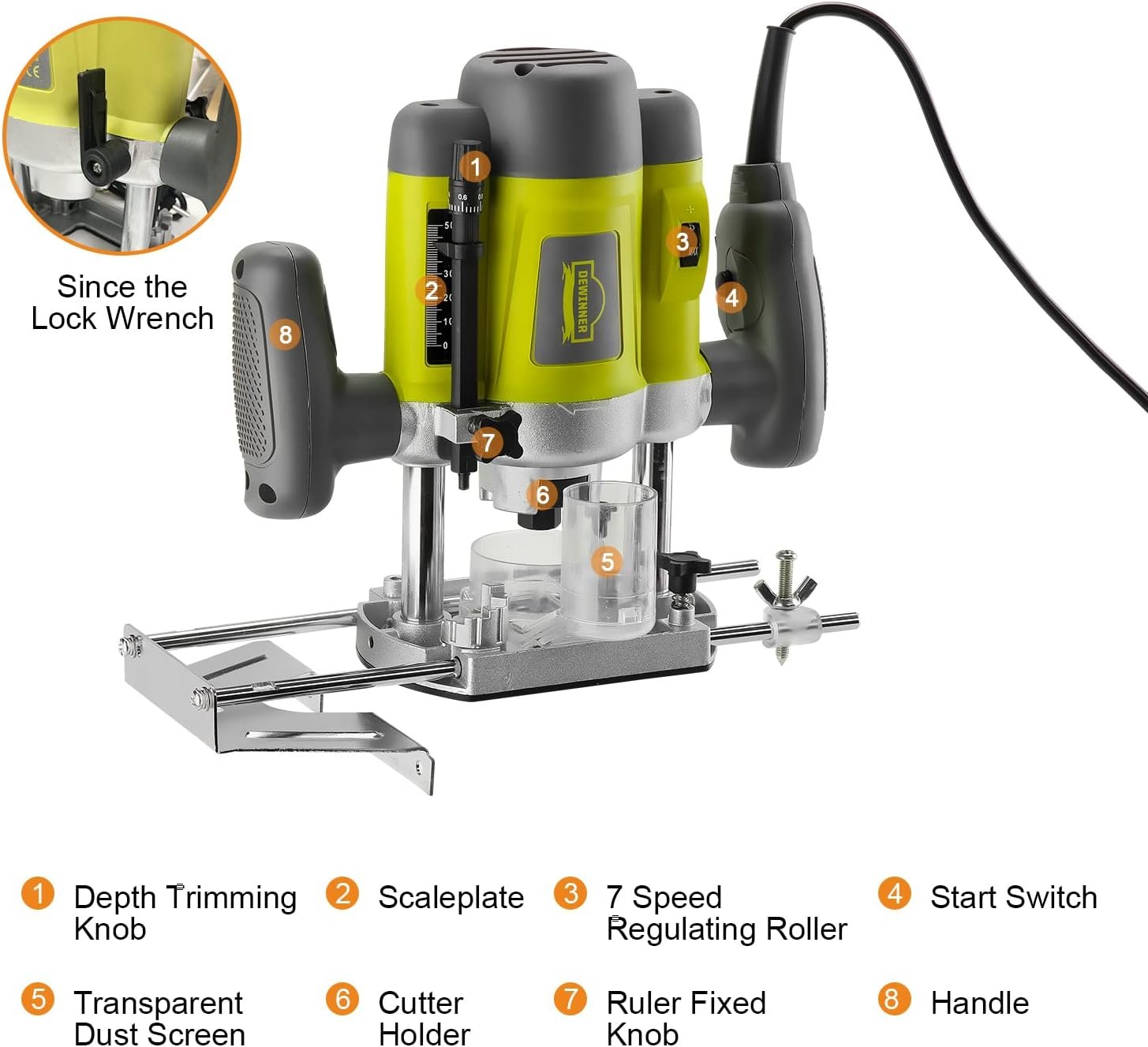 Wood Trimmer, DEWINNER Router Tool Electric Woodworking Power Router Trimmer,Variable Speed Hand Joiner Tool Plunge Router, Trimmer Laminator with 12PC 6mm 8mm Bits Collets - Image 5