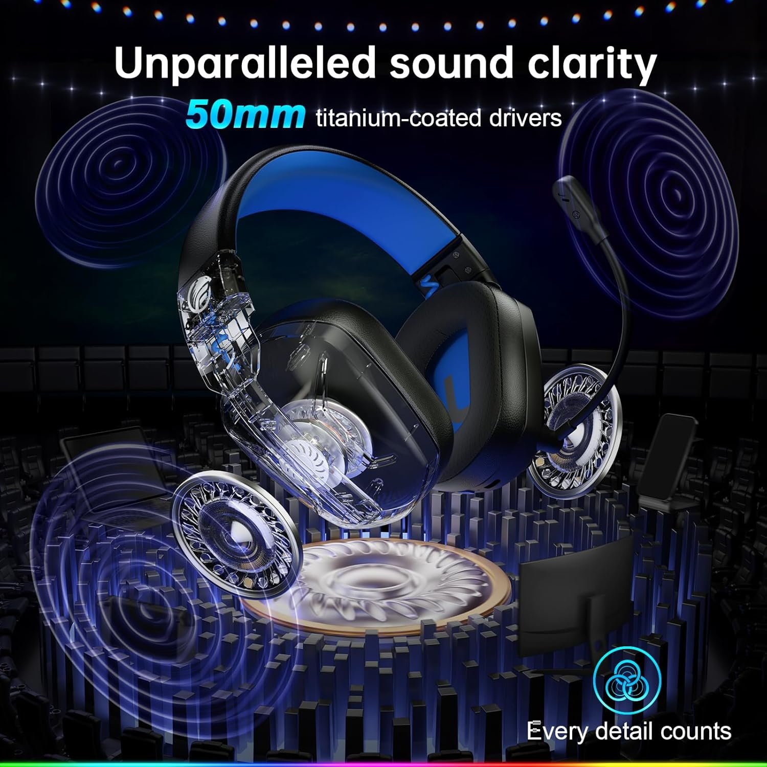Fachixy FC300 Wireless Gaming Headset with Mic - Bluetooth and 2.4GHz USB Gaming Headphones with 50Hr Battery & 3D Stereo Sound - For PS5, PS4,PC, Switch, Mobile, Blue - Image 2