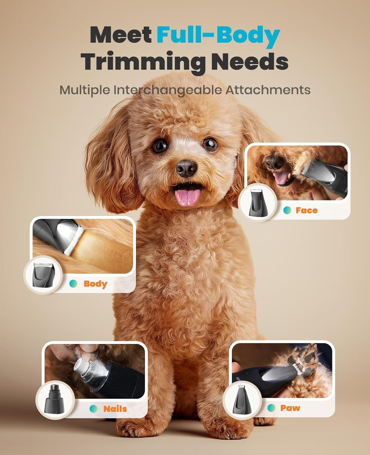 oneisall Dog Clippers & Paw Trimmer 4 in 1 Grooming Kit, Dog Grooming Clippers with LED Light for Full-Body Grooming, Cordless Silent Pet Shaver for Dogs Cats - Image 3