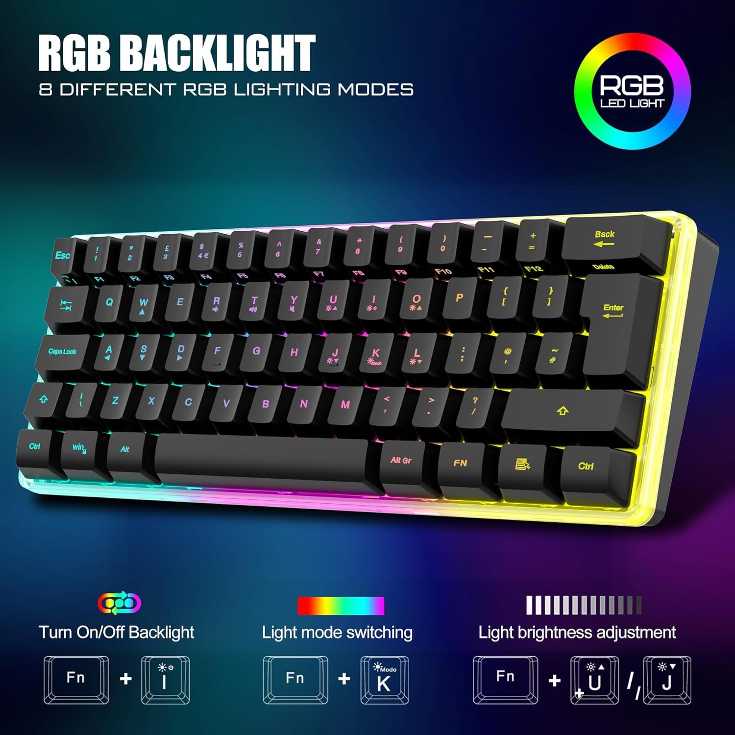 RedThunder K62 Wireless 60% RGB Gaming Keyboard and Mouse Combo, UK Layout 62 Keys Ultra Compact Backlit Mini Keyboard, Lightweight Cellular Optical Mouse, Portable Set for PC PS5 Xbox Gamers (Black) - Image 3
