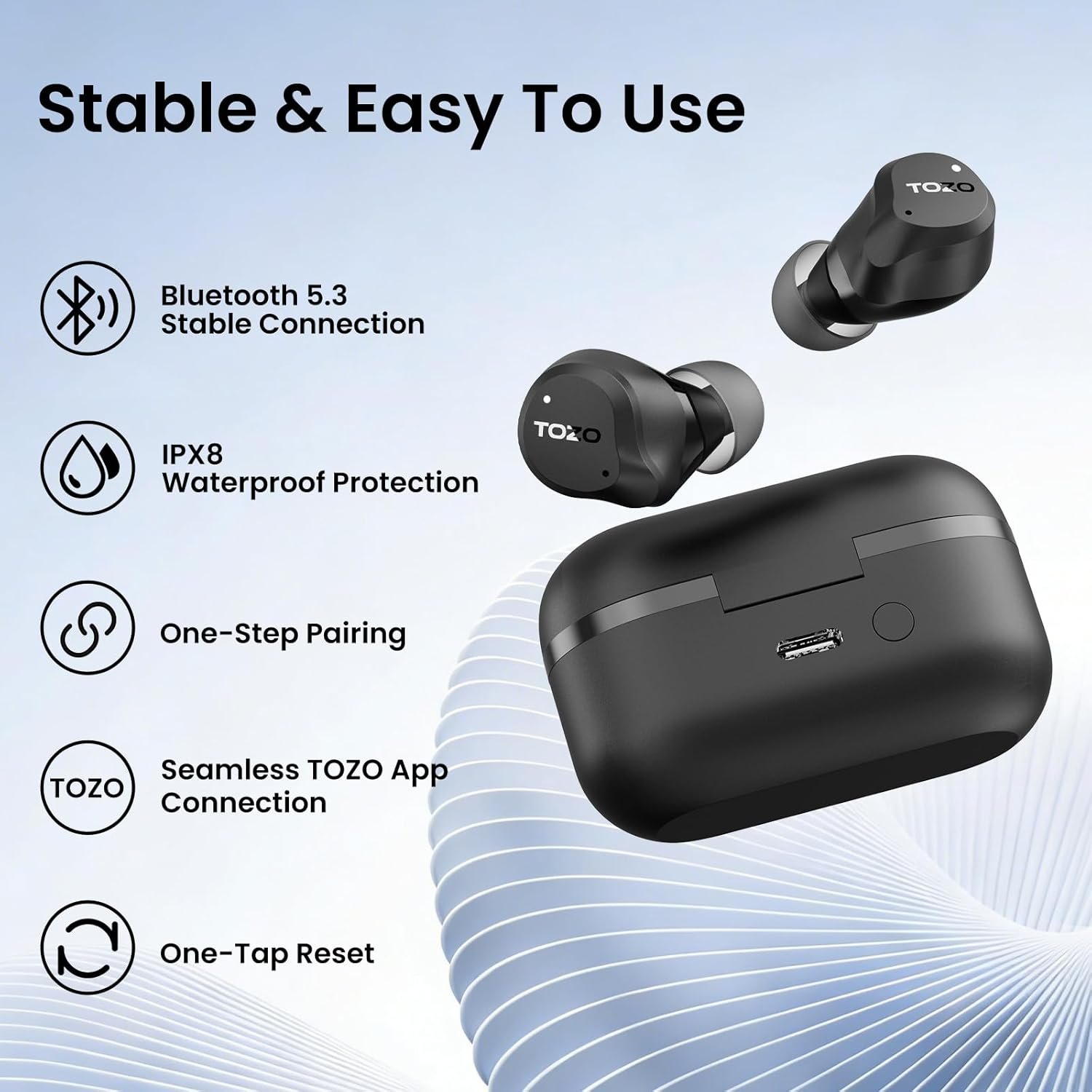 TOZO NC9 Hybrid Active Noise Cancelling Earbuds for Travel Work Calls, 45dB ANC Wireless Earbuds, 6-Mic ENC for Clear Calls, Deep Bass 60H Playtime IPX8 Bluetooth 5.3 Ear Buds with App for Custom EQ - Image 9