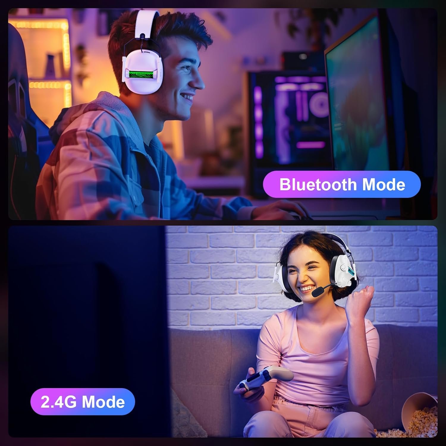 Fachixy FC400 Wireless Gaming Headset, Bluetooth Gaming Headphones with Mic for PS5, PS4, PC, Switch, Laptop, Mac, Fast Charge 50Hr Battery and Cool Lights - White Black - Image 8