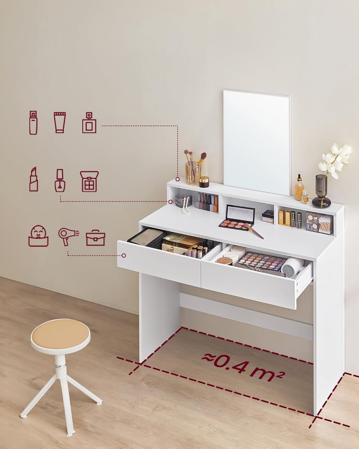 VASAGLE Modern White Makeup Vanity, Dressing Table with Large Mirror, 2 Drawers & 3 Compartments, 40 x 100 x 140 cm - Image 3