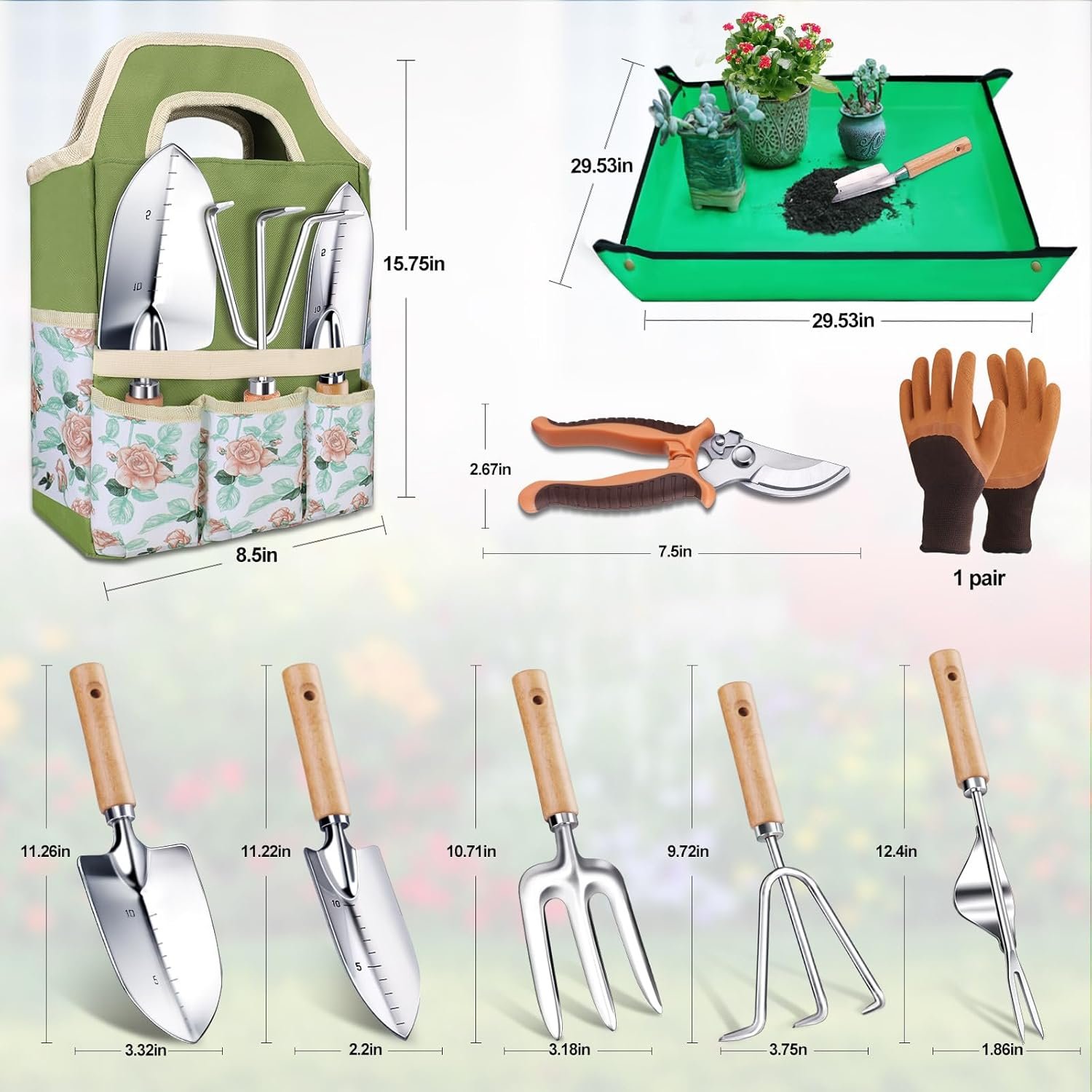 Kynup Heavy Duty Garden Tools, 9-Piece Gardening Tools Set, Stainless Steel Gardening Set, Rust-Proof Garden Gifts Set with Storage Tote Bag, Ergonomic Anti-Slip Handle, Gardening Tools for Women - Image 7