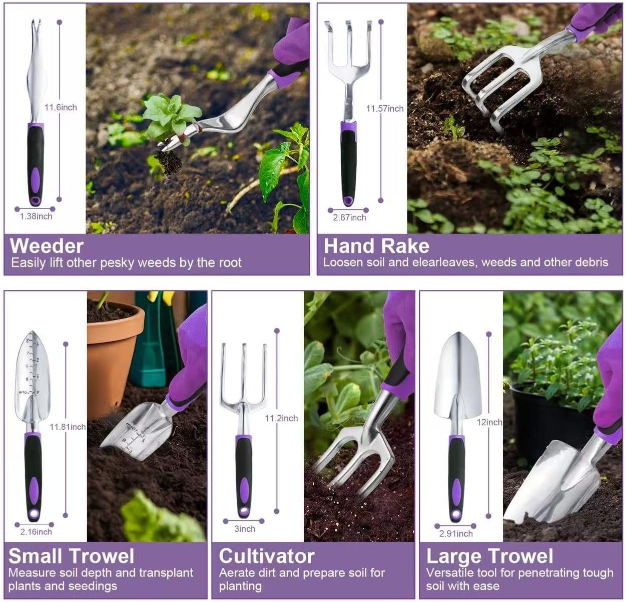 COVACURE 11 PCS Garden Tools, Gardening Gifts for Women & Men Heavy Duty Garden Tool Sets Garden Tools Bag for Women & Men Easy Storage - Image 4