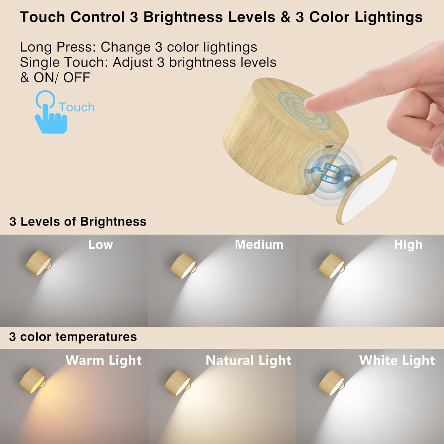 Battery Operated Wall Light, LED Wall Lamp with 360°Adjustable Lighting Indoor Wall Light with 3 Color Modes 3 Brightness Levels Touch Control, Wall Mounted Lamp for Bedroom Reading Bedside-1Pack - Image 2