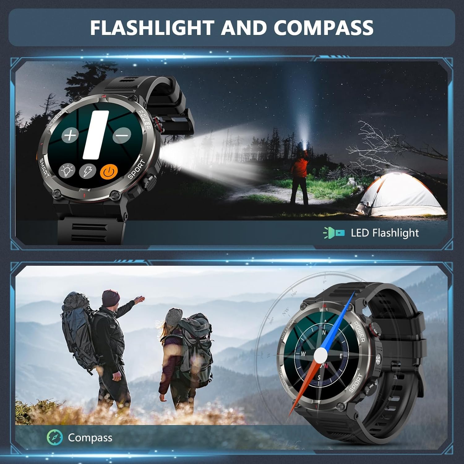 Military Smart Watch for Men(Answer/Make Calls),Outdoor Smartwatch with 100 Days Battery/LED Flashlight/Compass/Heart Rate/SpO2/Sleep Monitor/2 Straps, Rugged Fitness Watch for iPhone/Android Phones - Image 4