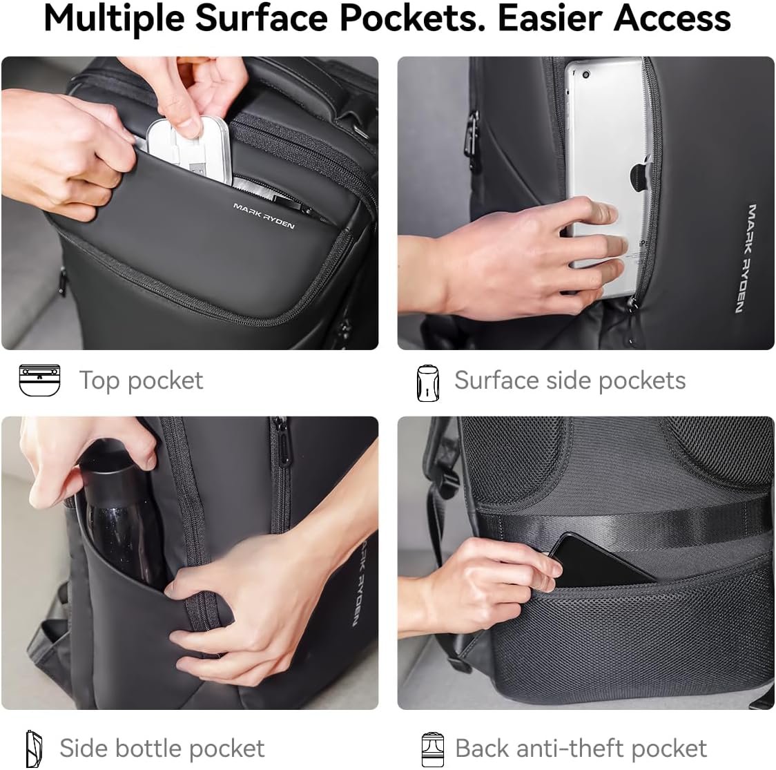 MARK RYDEN mens backpack Large Capacity waterproof laptop backpack business men with USB Charging Port for Official Travel Hiking Pack Fits Under 17.3 Inch Laptop - Image 5