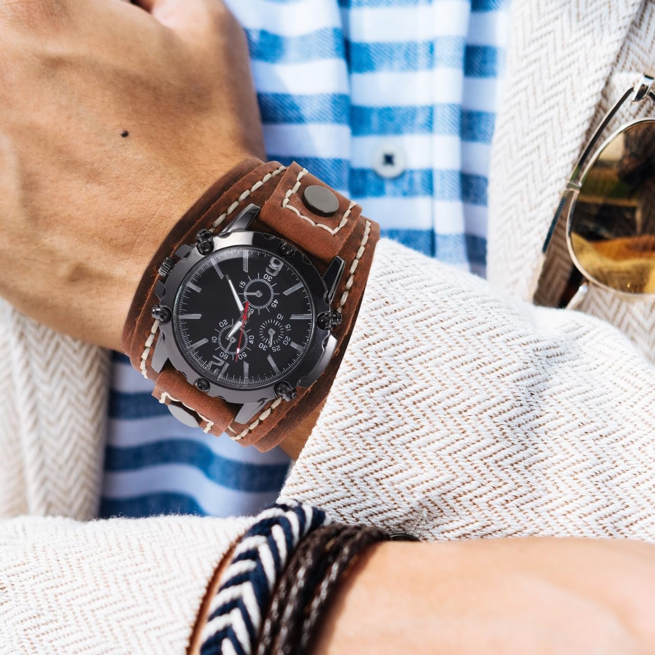 ULTECHNOVO Male Wrist Watch, Leather Casual Strap Leather Casual Cuff Watch(Red) - Image 7