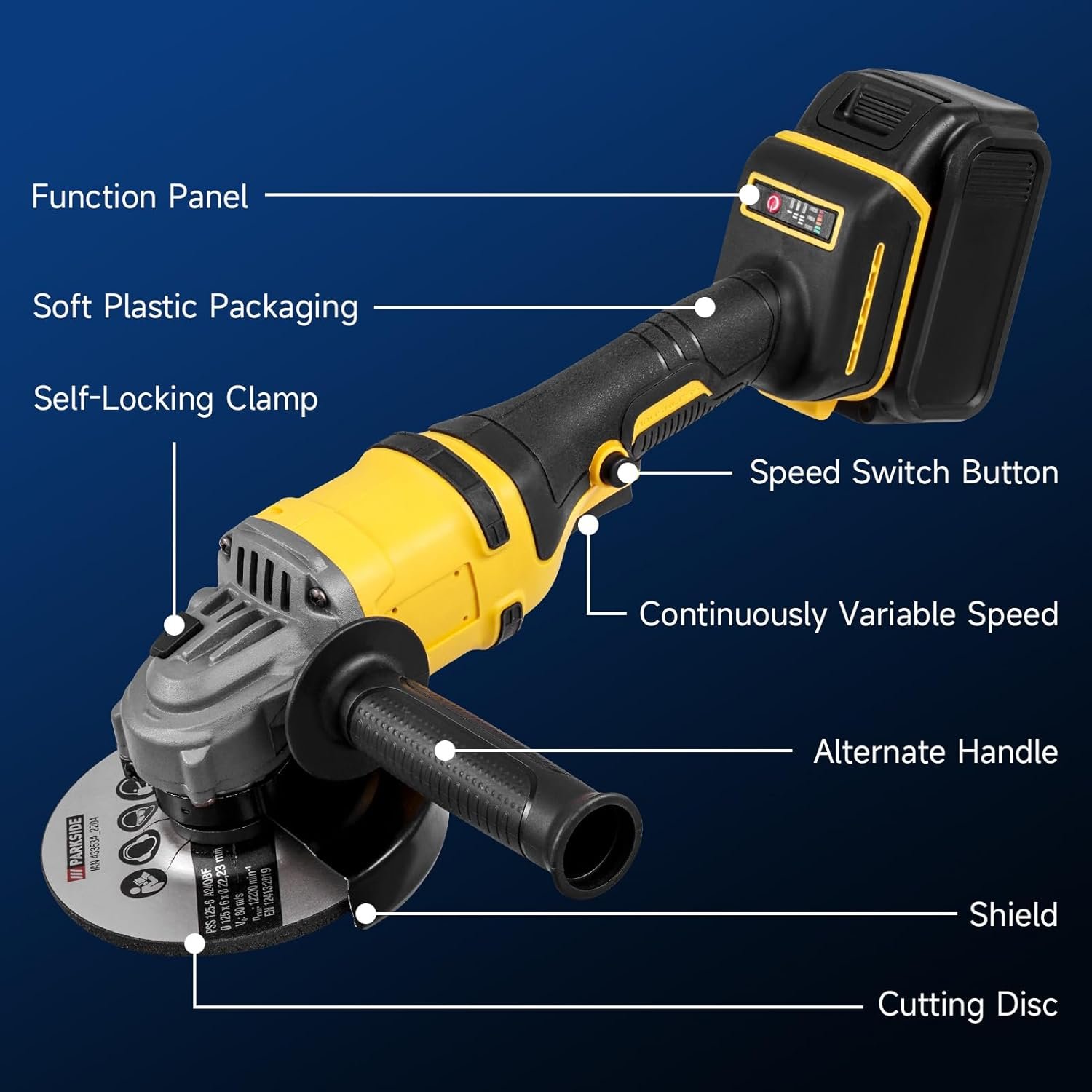 papasbox 21V Cordless Angle Grinder, 1500W 125mm Brushless Metal Grinder, 30000RPM Electric Angle Grinder Tool with 2x5.0Ah Battery, 4-1/2 Inch for Grinding, Cutting, Brushing, Polishing and Sanding - Image 3