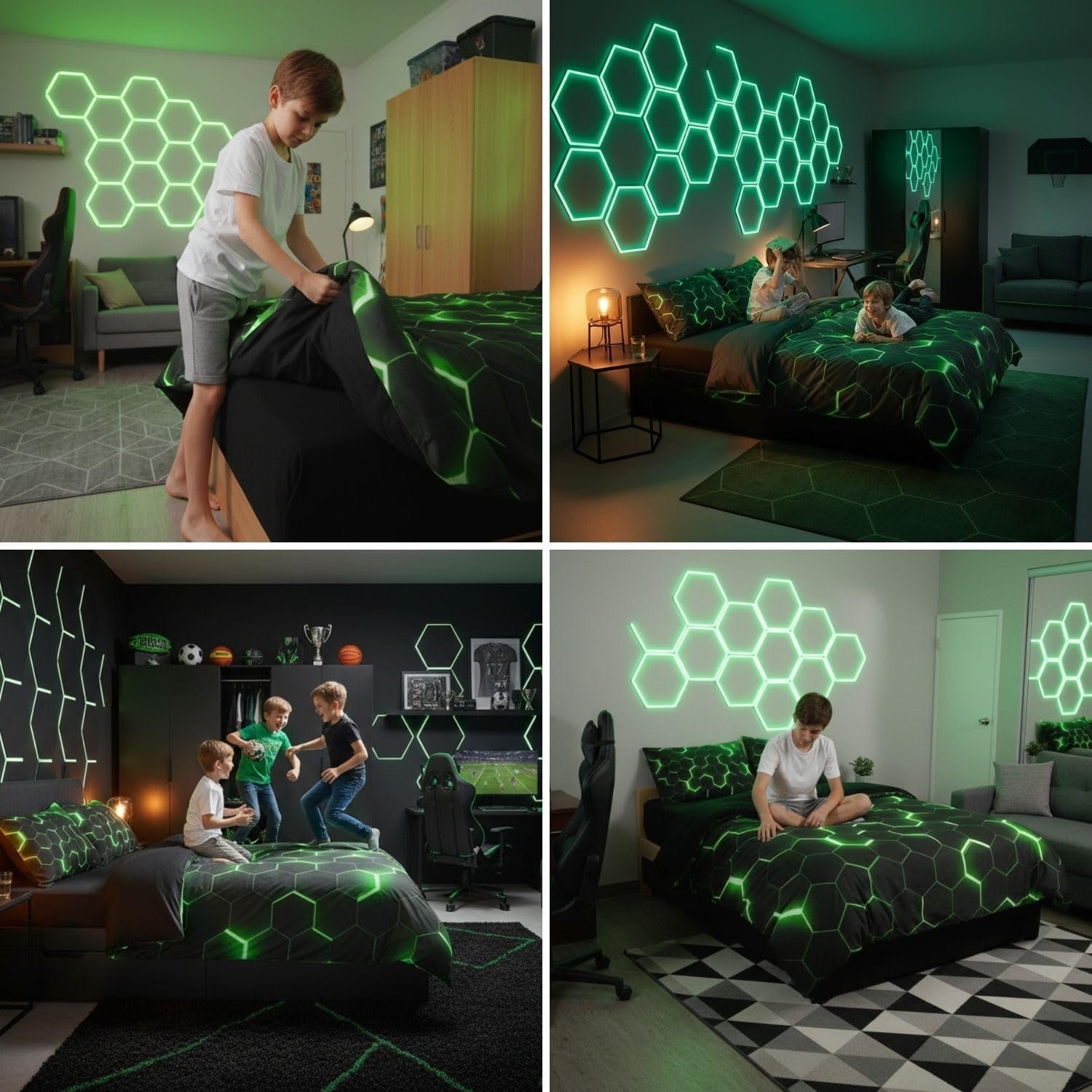 Homewish Geometric Duvet Cover Single Size,Teen Boys Green Black Neon Light Honeycomb Bedding Sets, Hexagon Comforter Modern Fashion Bedspread 1 Pillow Case Home Room Decor - Image 6