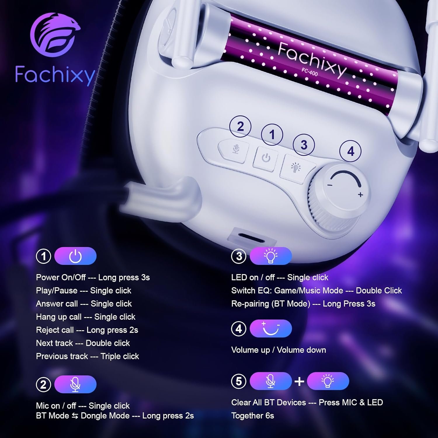 Fachixy FC400 Wireless Gaming Headset, Bluetooth Gaming Headphones with Mic for PS5, PS4, PC, Switch, Laptop, Mac, Fast Charge 50Hr Battery and Cool Lights - White Black - Image 9
