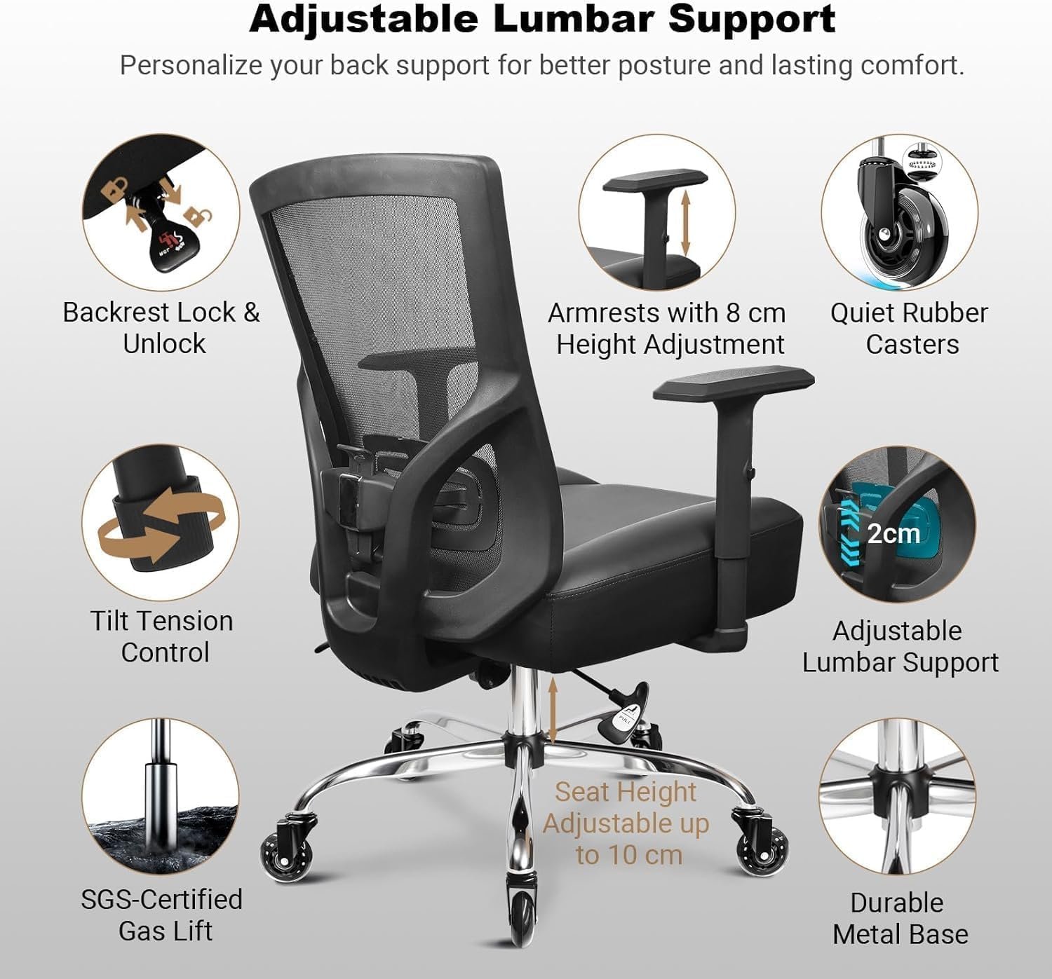 440LBS/200KG Heavy Duty Office Chair, Extra Wide and Thick Spring Cushion Ergonomic Chair, Adjustable Lumbar Support & Pillow, PU Leather Big & Tall XXL for Heavy People and Sit Cross-Legged - Image 7