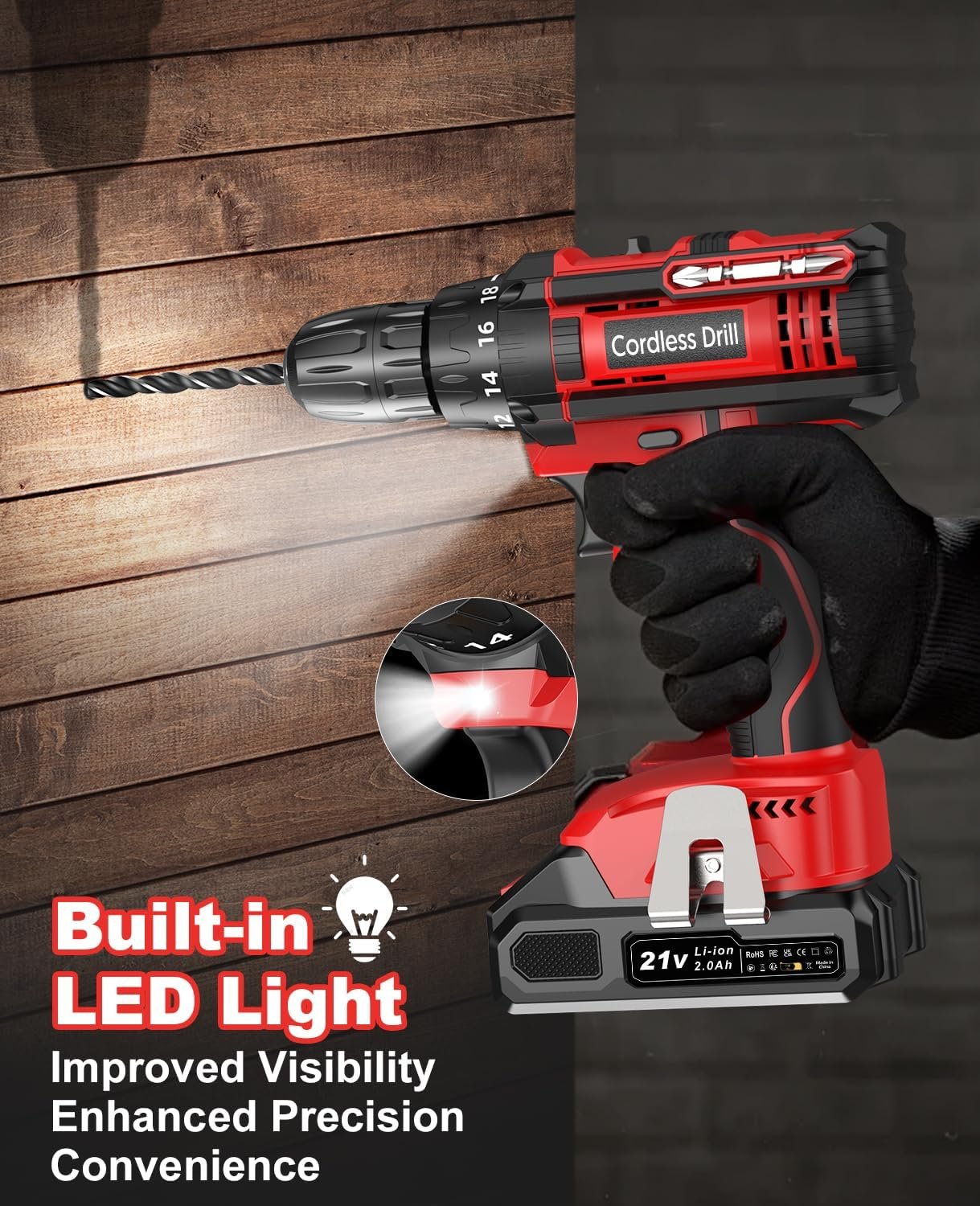 Cordless Drill, Power Drill 21V, Electric Drill Set 42N.m with 2 Batteries 2.0Ah, 10mm Chuck, 2 Speeds, 18+1 Torque, LED Light, 14pcs Drill Set for Garden DIY Project, Red - Image 6