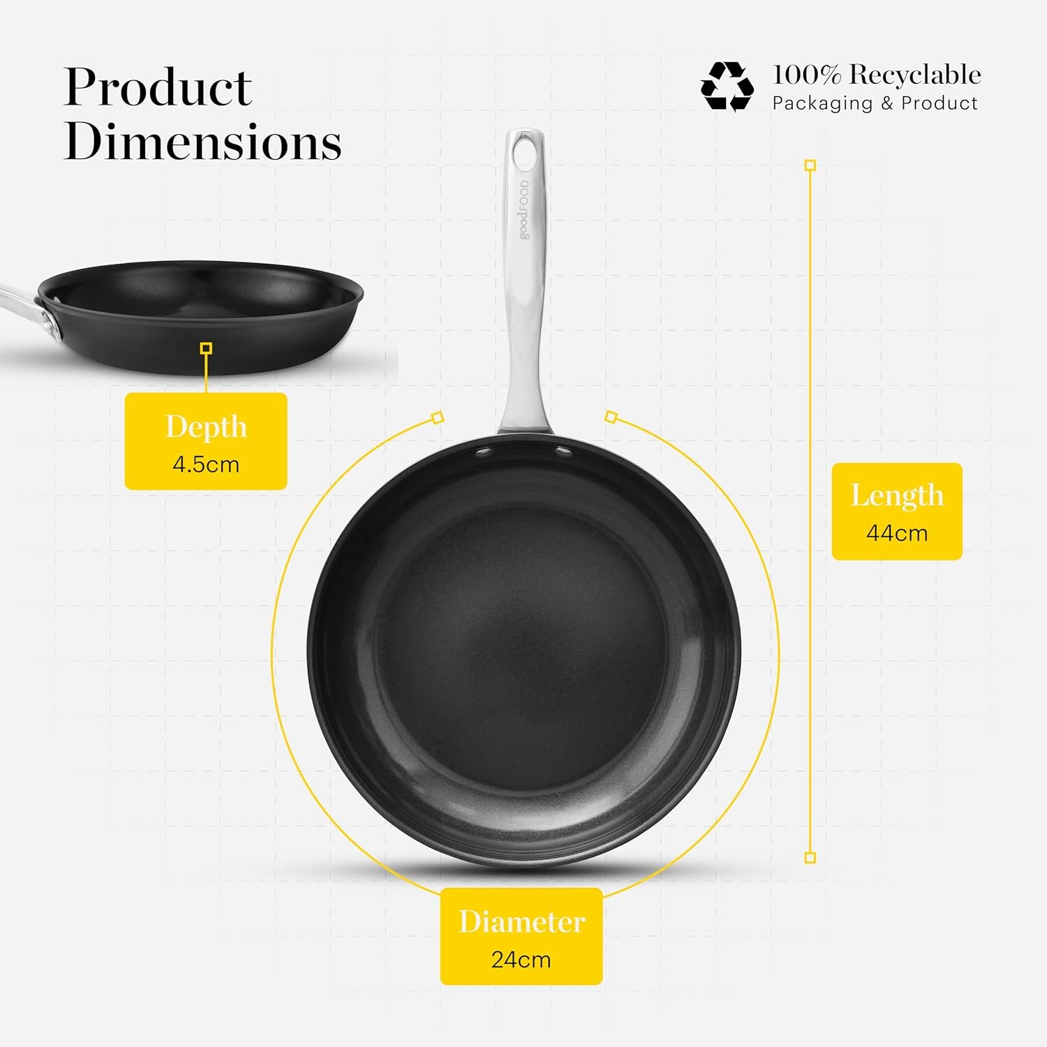 Good Food in Partnership with Tower Hard Anodised 24cm Frying Pan, 10x Stronger Superior Ceramic Non-Stick Coating, Induction Compatible, Grey - Image 6
