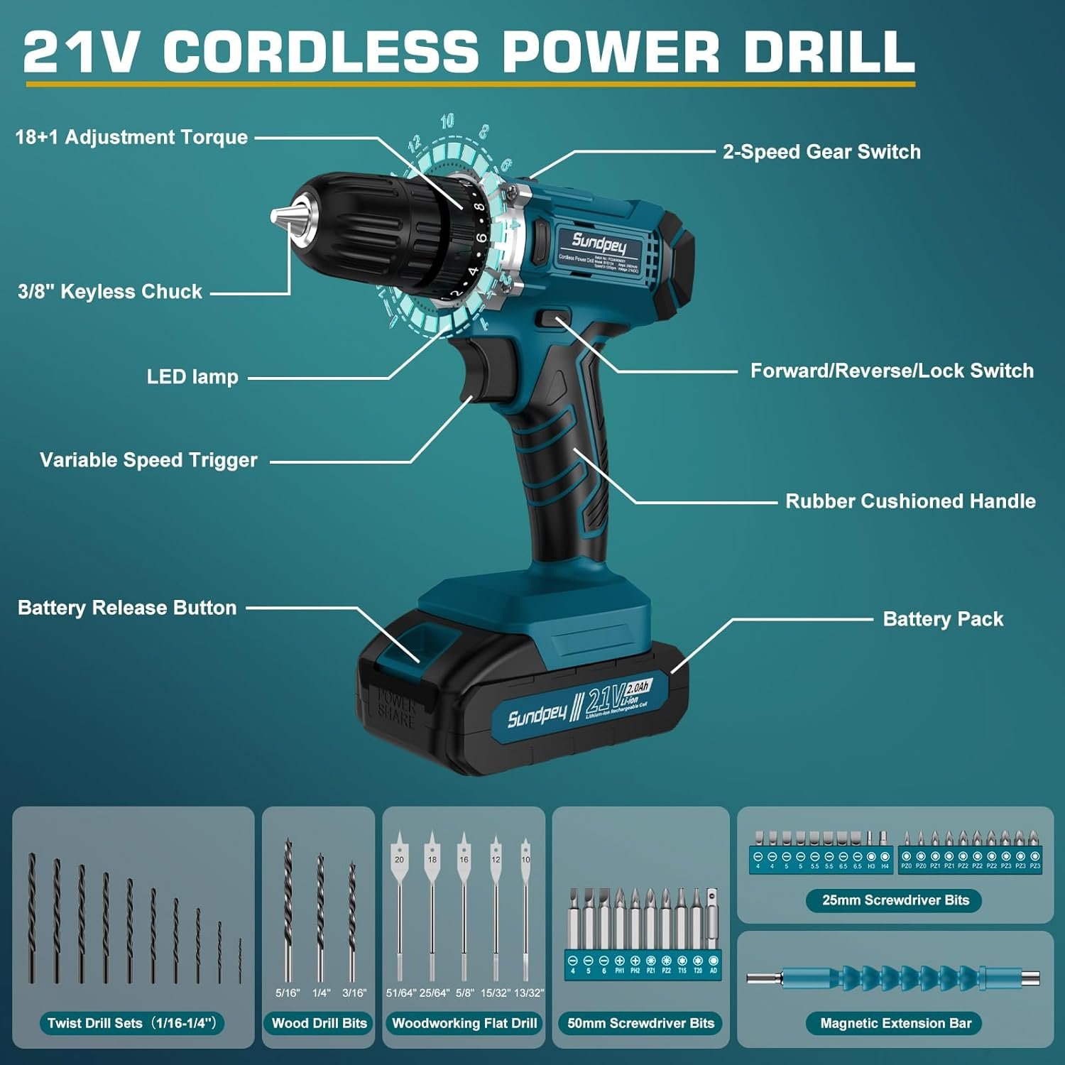Sundpey Tool Kit with 21V Drill - Cordless Power Tool Set - 255-PCs General Basic Complete Home and Auto Repair Tools Set - Protable Household Tool Kit for Men Women(Wrench & Socket & Screwdriver Kit) - Image 4
