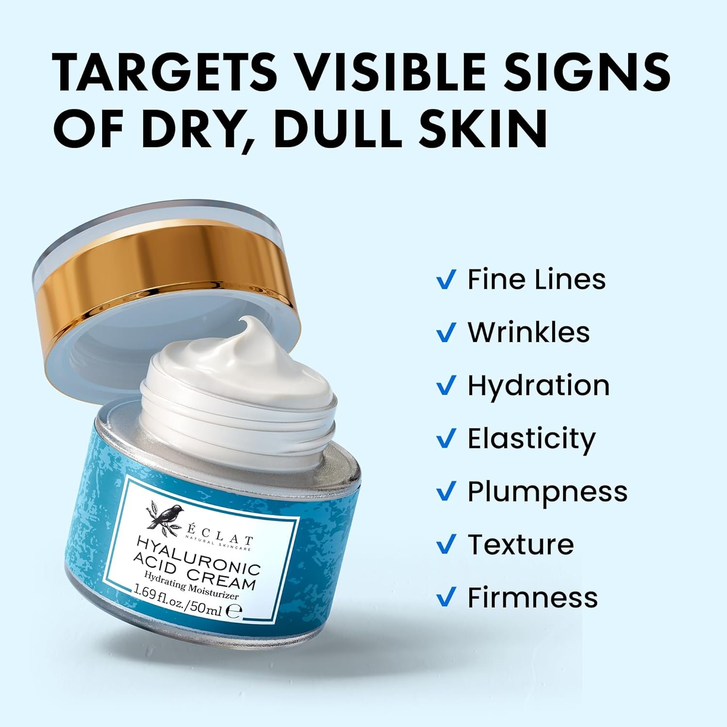 Eclat Skincare Hyaluronic Acid Moisturiser – Anti Aging Face Cream with Ceramides & Vitamin B5 - Hydrating Facial Moisturiser for Women & Men - Hyaluronic Acid Cream for Day & Night 50 ml - Image 2