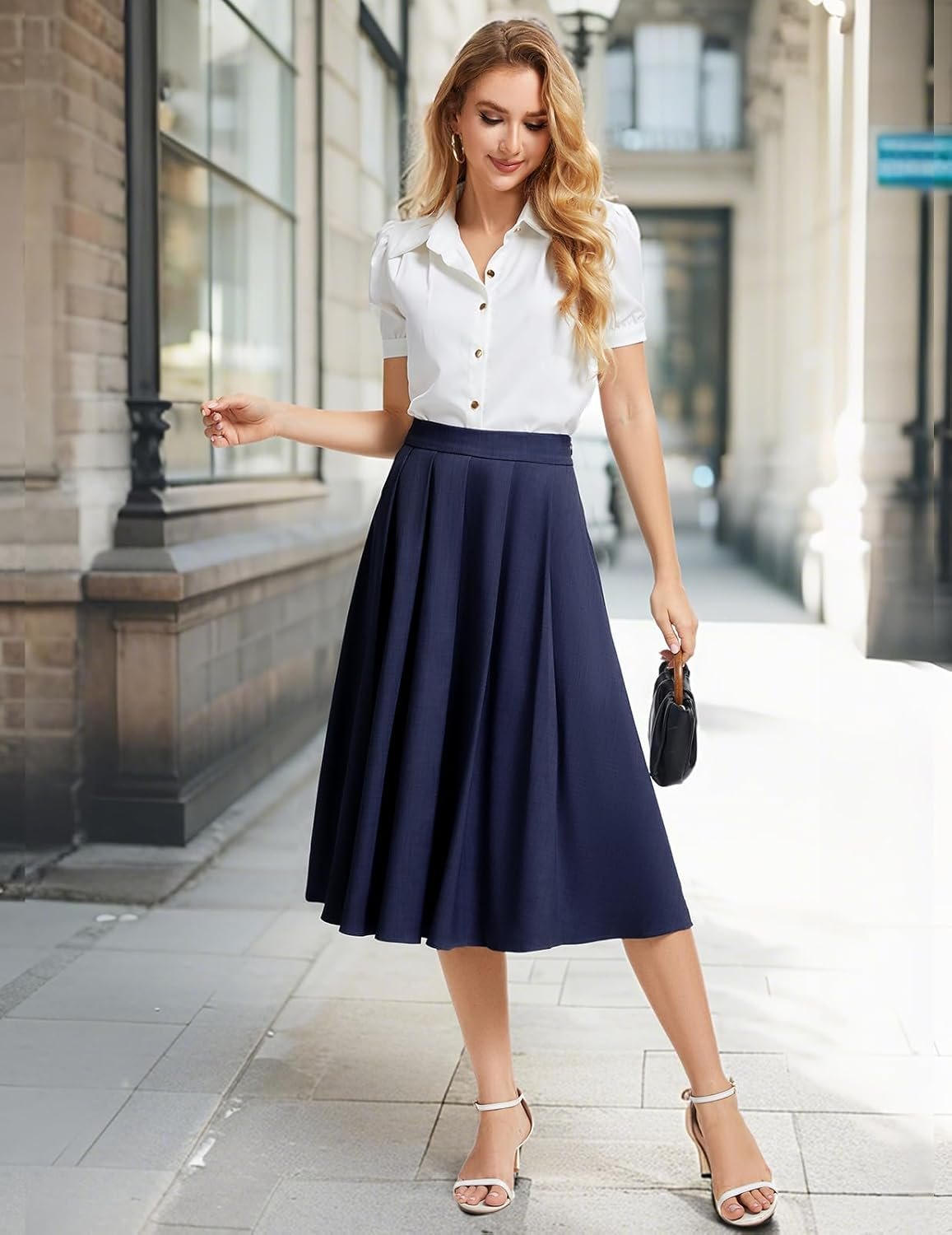 DRESSTELLS Midi Pleated Skirt for Women UK, High Waist Long Skirts A-Line Swing for Casual Work Bussiness Office Uniform - Image 3