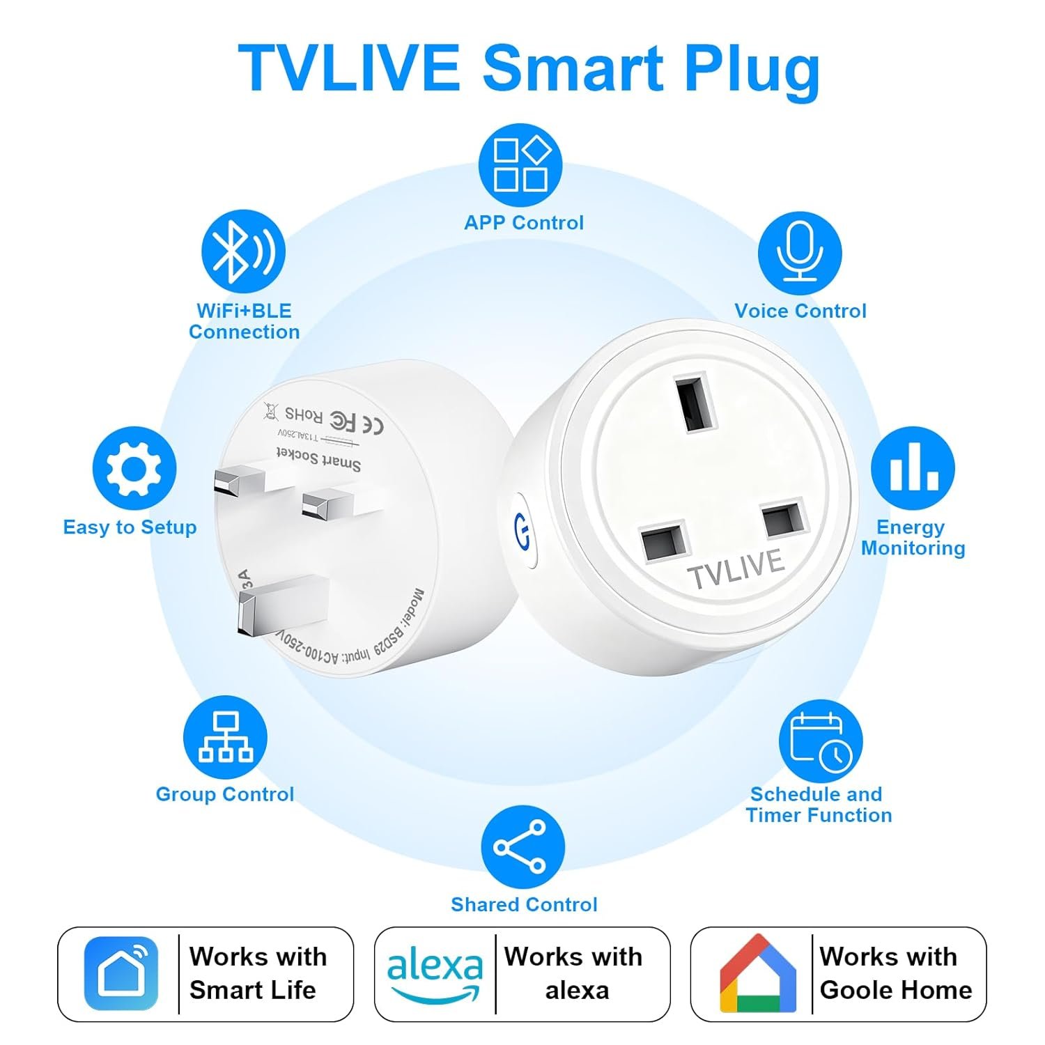 Smart Plug, TVLIVE 2 Pack Smart Plugs that Work with Alexa (Echo, Echo Dot), Google Home Voice Control, Energy Monitoring, Remote Control, Timer & Schedule, smart wifi plug socket UK, No Hub Required - Image 2
