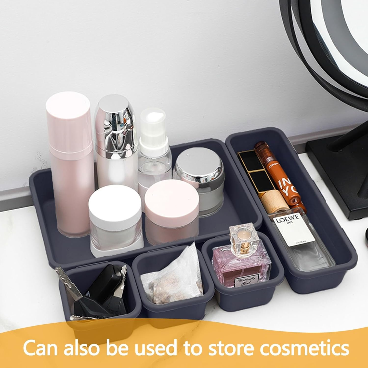 8Pcs Drawer Organiser - Interlocking Drawer Dividers Plastic Storage Trays, 3 Sizes Uncluttered Storage Drawer Tidy Trays Dividers for Kitchen Office Desk Make-Up Stationery Bathroom Jewellery (Grey) - Image 5