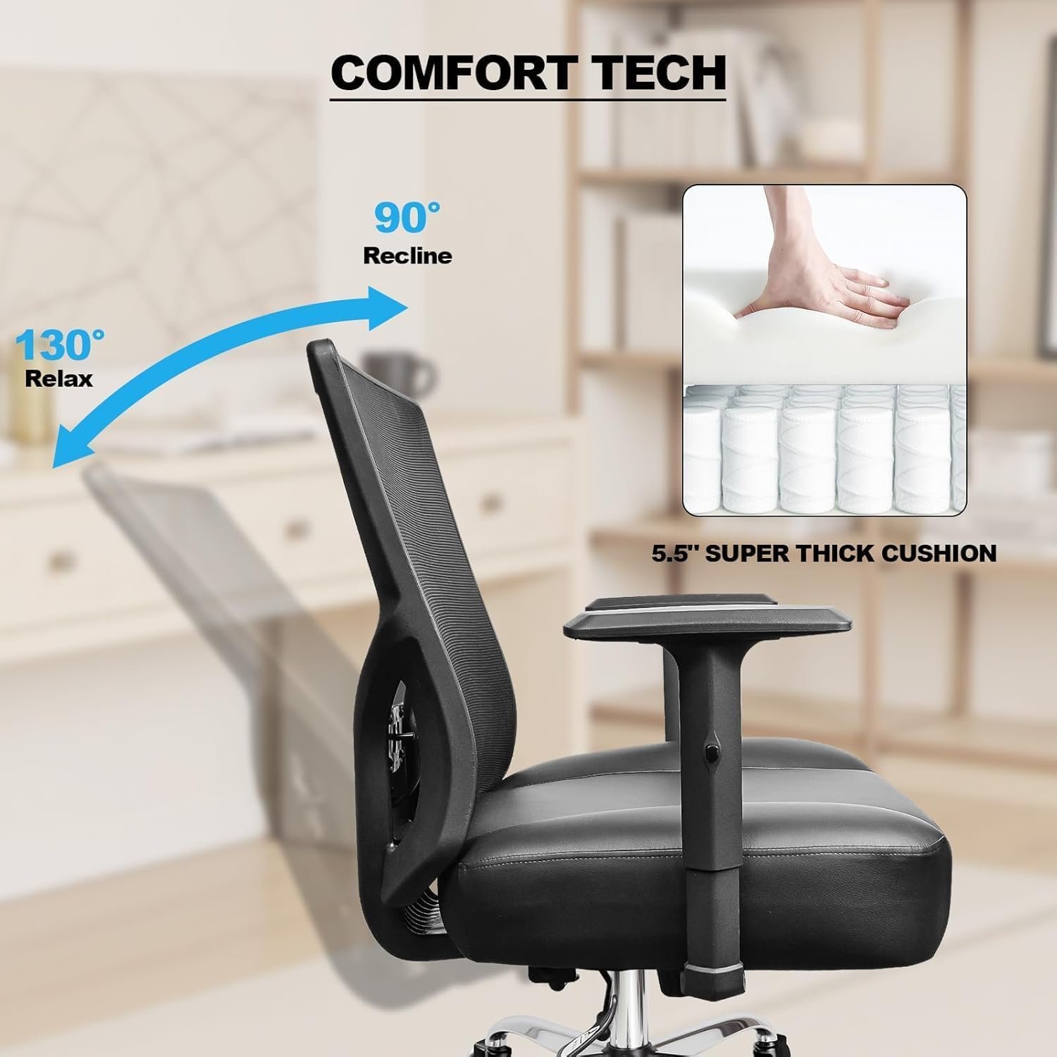 440LBS/200KG Heavy Duty Office Chair, Extra Wide and Thick Spring Cushion Ergonomic Chair, Adjustable Lumbar Support & Pillow, PU Leather Big & Tall XXL for Heavy People and Sit Cross-Legged - Image 9