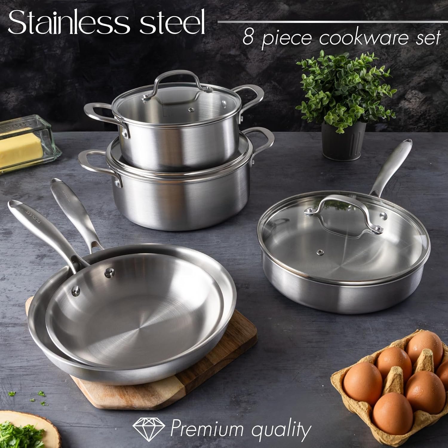 Stainless Steel Pots and Pans Set – 8pcs Cookware with Glass Lids – Induction Hob Pot Set – Cooking Saucepan Pots & Frying Pan Set – by Nuovva - Image 8