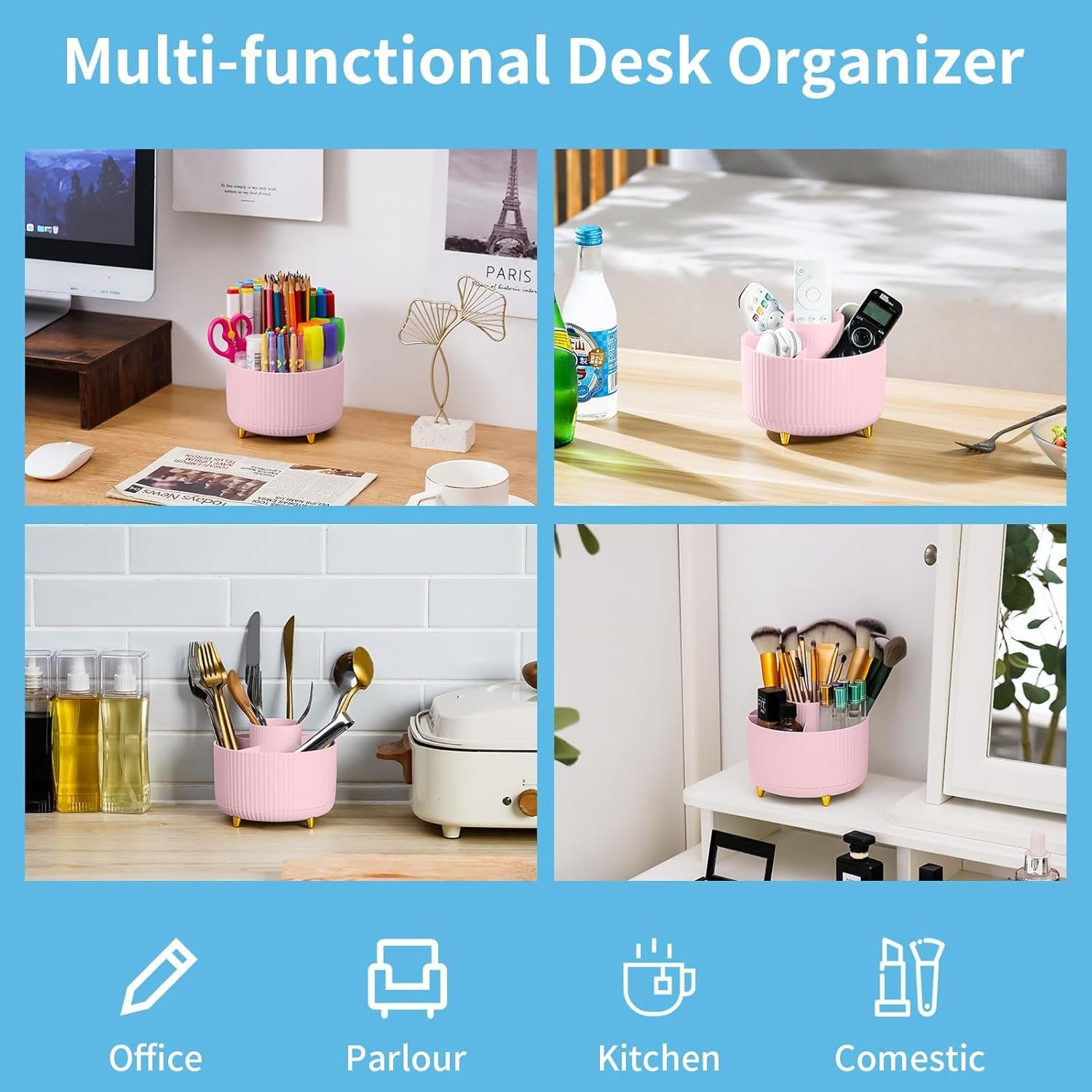 Marbrasse Desk Organiser,360-Degree Rotating Pen Holder for Desk Accessories with 5 Compartments Pencil Organiser, Pen Storage Box Caddy for Office,Home(Pink) - Image 6
