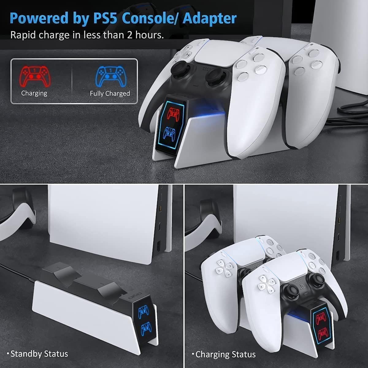OIVO PS5 Charging Station - 2H Fast Controller Charger for PlayStation 5 DualSense, Upgrade Charging Dock With 2 Types of Cable for Dual Controllers - Image 4