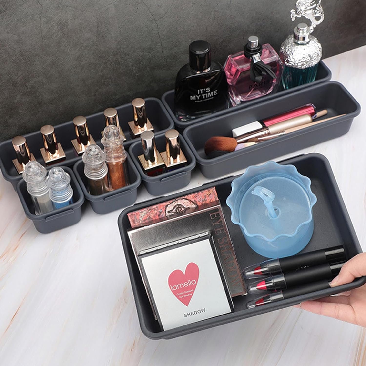 8Pcs Drawer Organiser - Interlocking Drawer Dividers Plastic Storage Trays, 3 Sizes Uncluttered Storage Drawer Tidy Trays Dividers for Kitchen Office Desk Make-Up Stationery Bathroom Jewellery (Grey) - Image 7