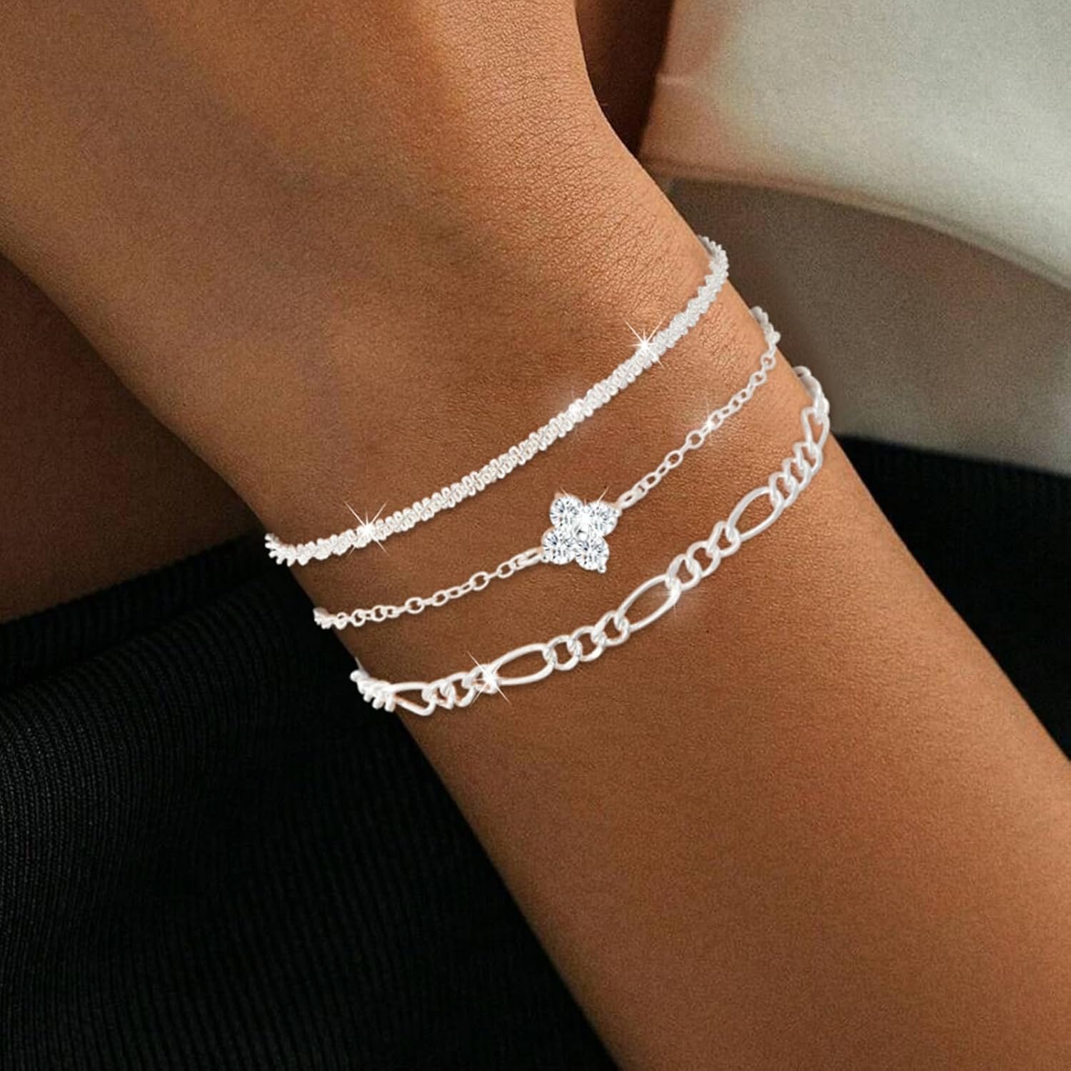 3Pcs Silver Chain Bracelets,925 Sterling Silver Bracelet Adjustable Stackable Figaro Tennis Bracelet Jewellery Gifts for Women - Image 3