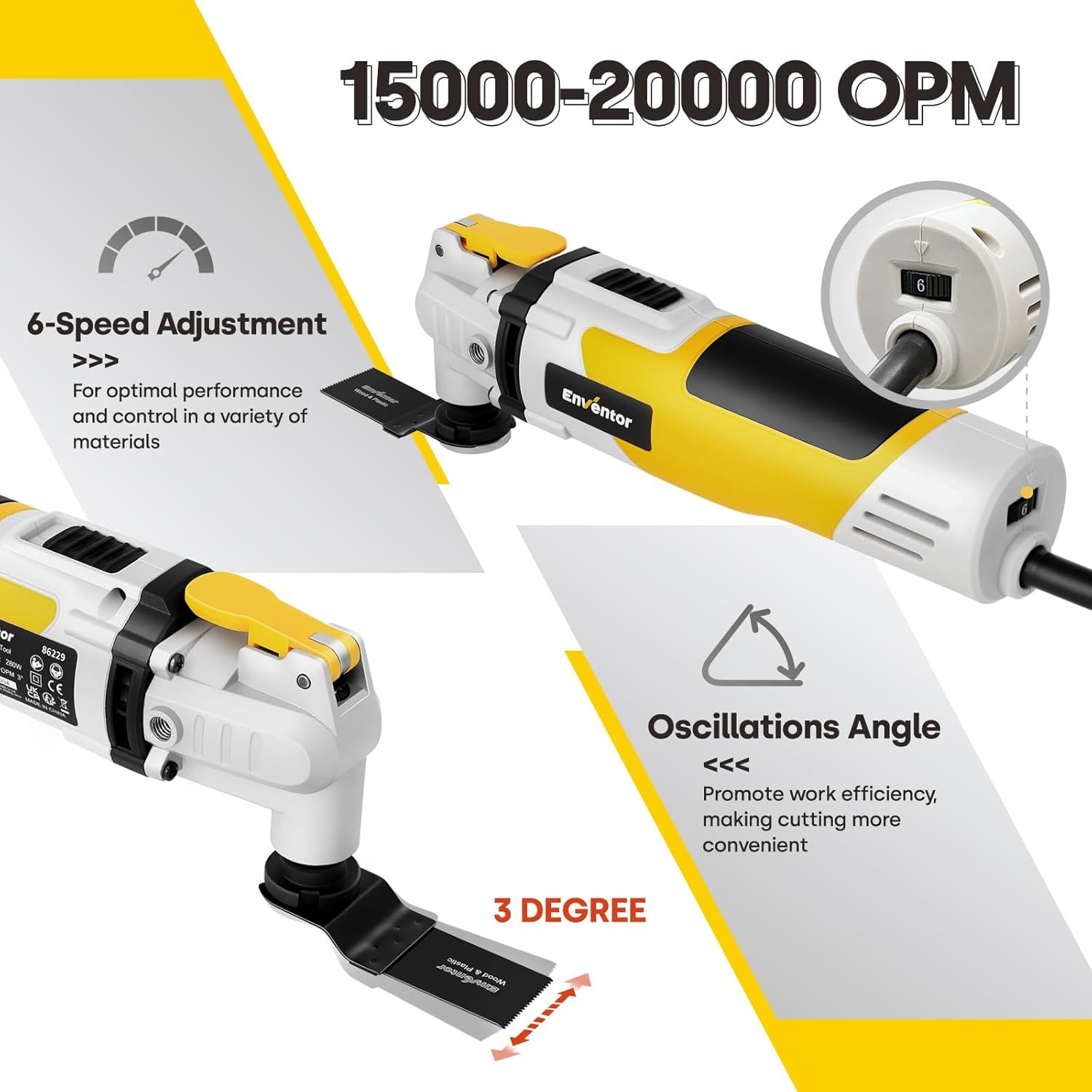 Enventor Oscillating Multi Tools, 280W 15000-22000 OPM Electric Corded Multi Tool, 6 Variable Speeds, 3°Oscillation Angle, Quick-fit Blade Design, Auxiliary Handle, with 43pcs Accessories 86229 - Image 3