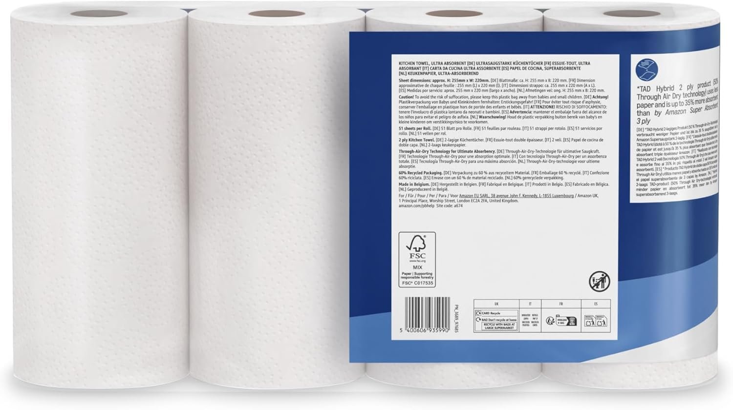 by Amazon Ultra Absorbent TAD Kitchen Roll, 4 Rolls (Pack of 1), 51 Sheets per Roll, FSC Certified - Image 7